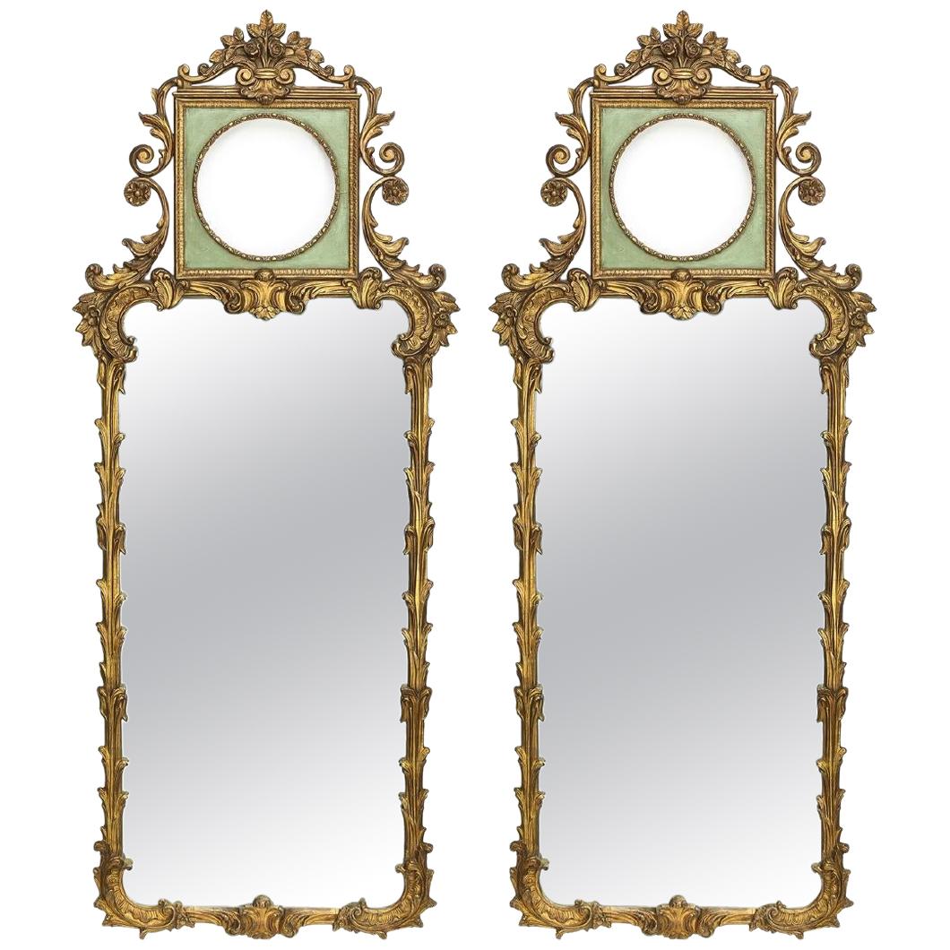 Rococo Revival Style Paint Decorated and Giltwood Console or Wall Mirrors, Pair