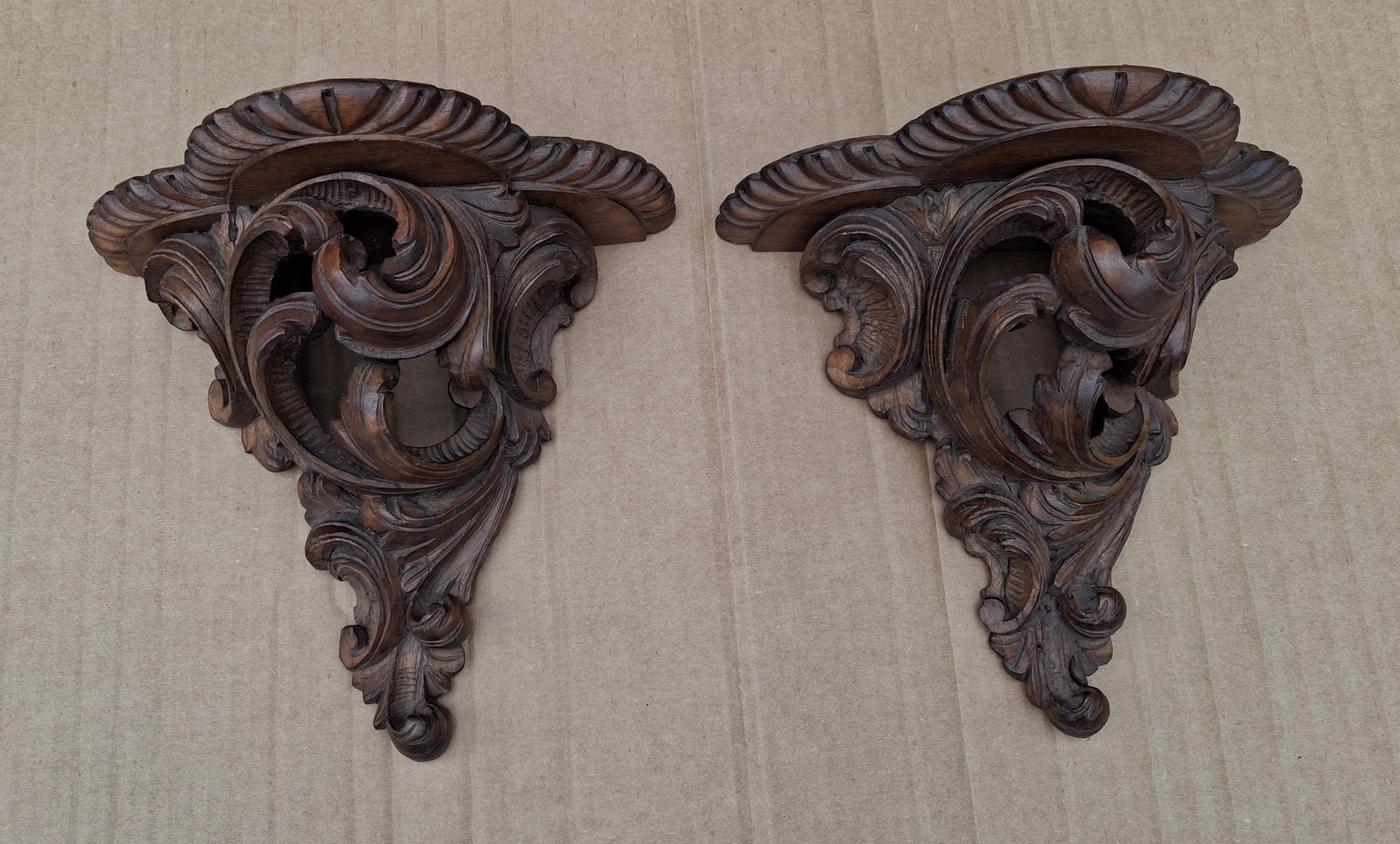 Pair Rococo Style Carved Hardwood Wall Brackets. Measures 7