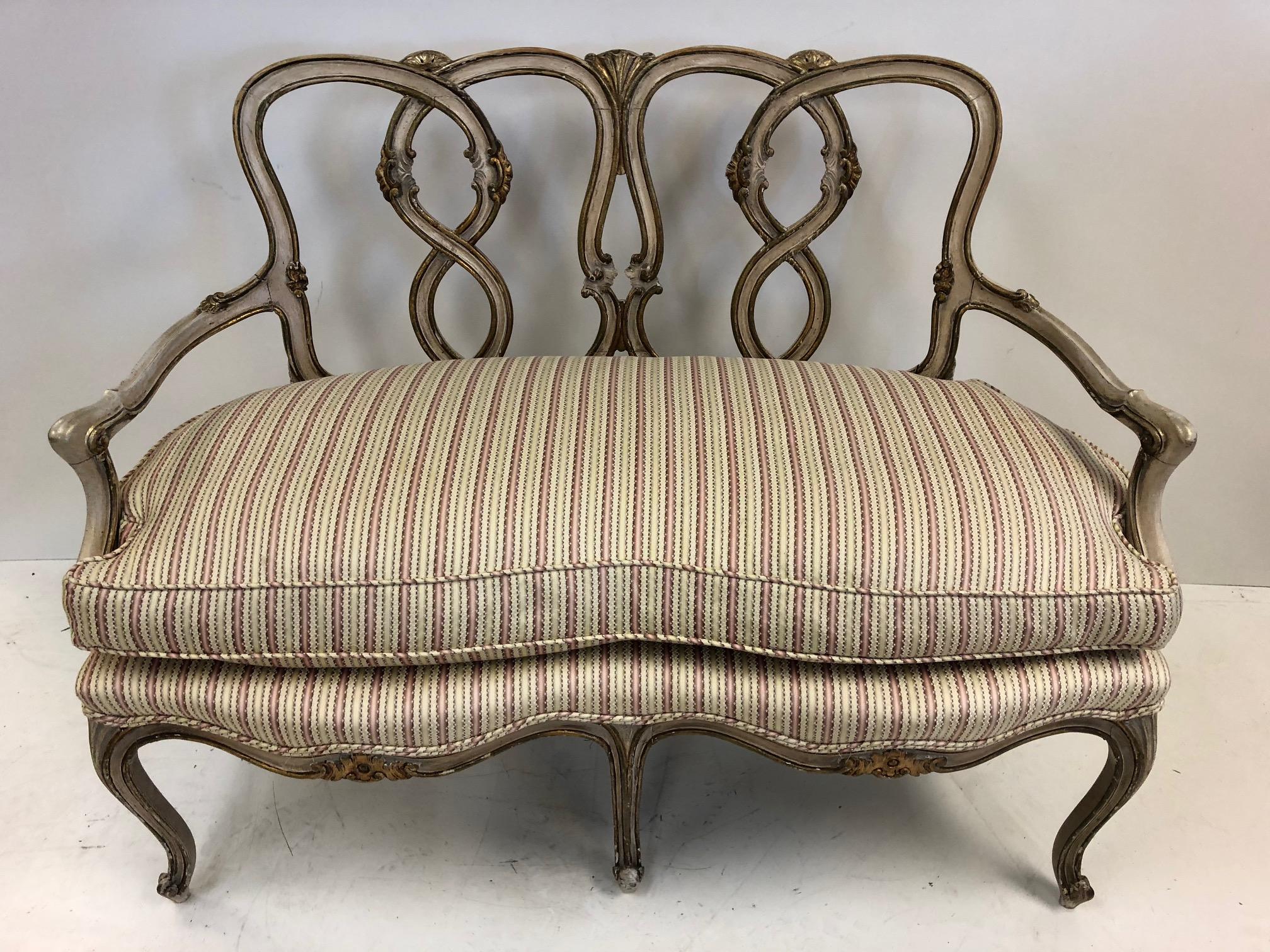 Italian Pair Rococo Style Parcel-Gilt Painted Settees For Sale
