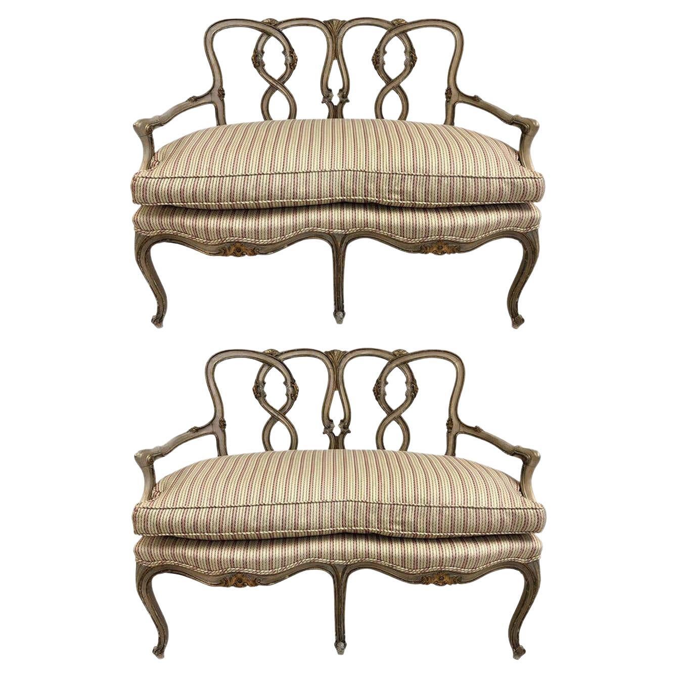 Pair Rococo Style Parcel-Gilt Painted Settees For Sale