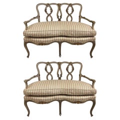 Pair Rococo Style Parcel-Gilt Painted Settees