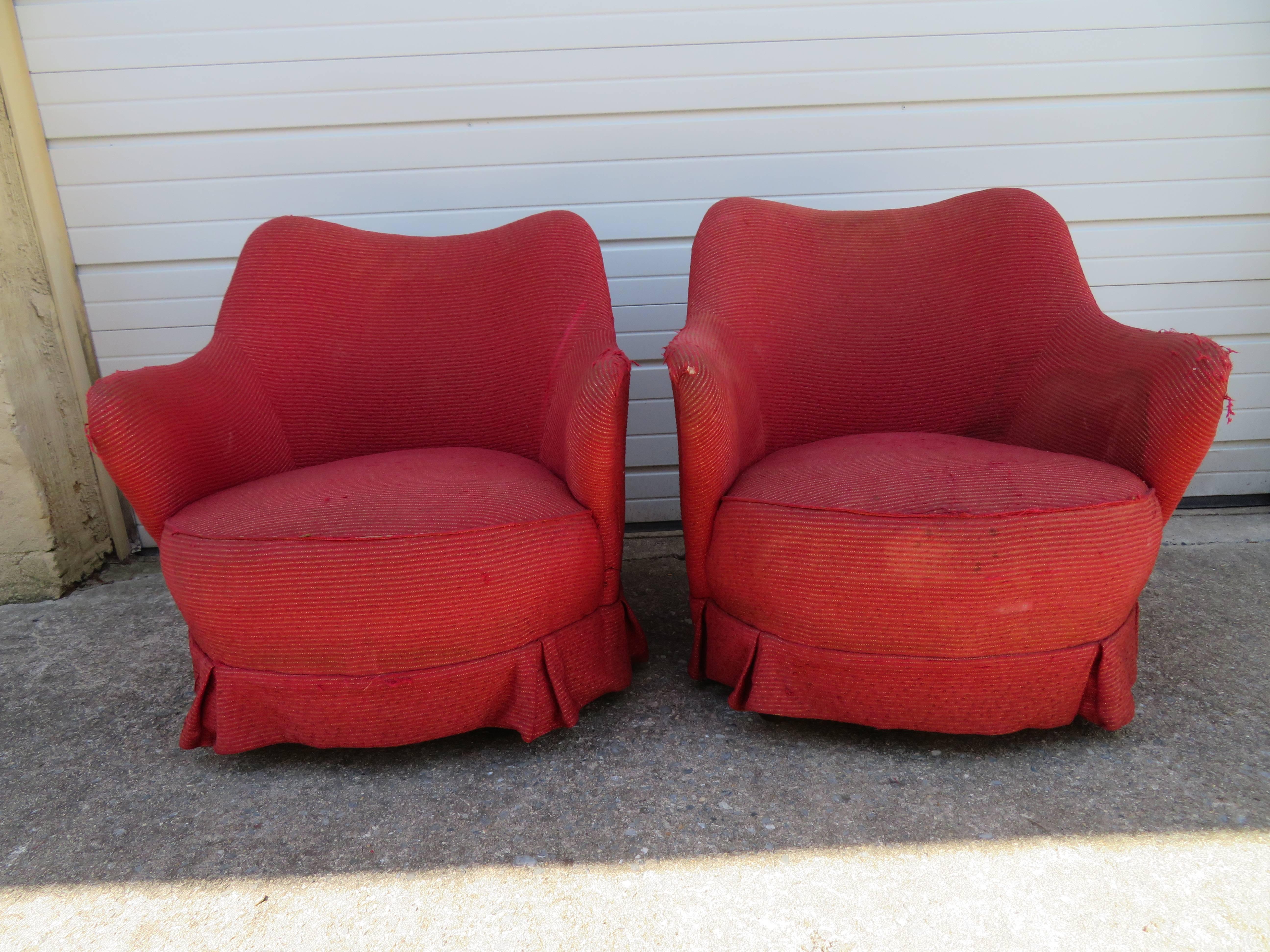 Rolling Barrel Back Lounge Chairs Mid-Century Modern, Pair 2