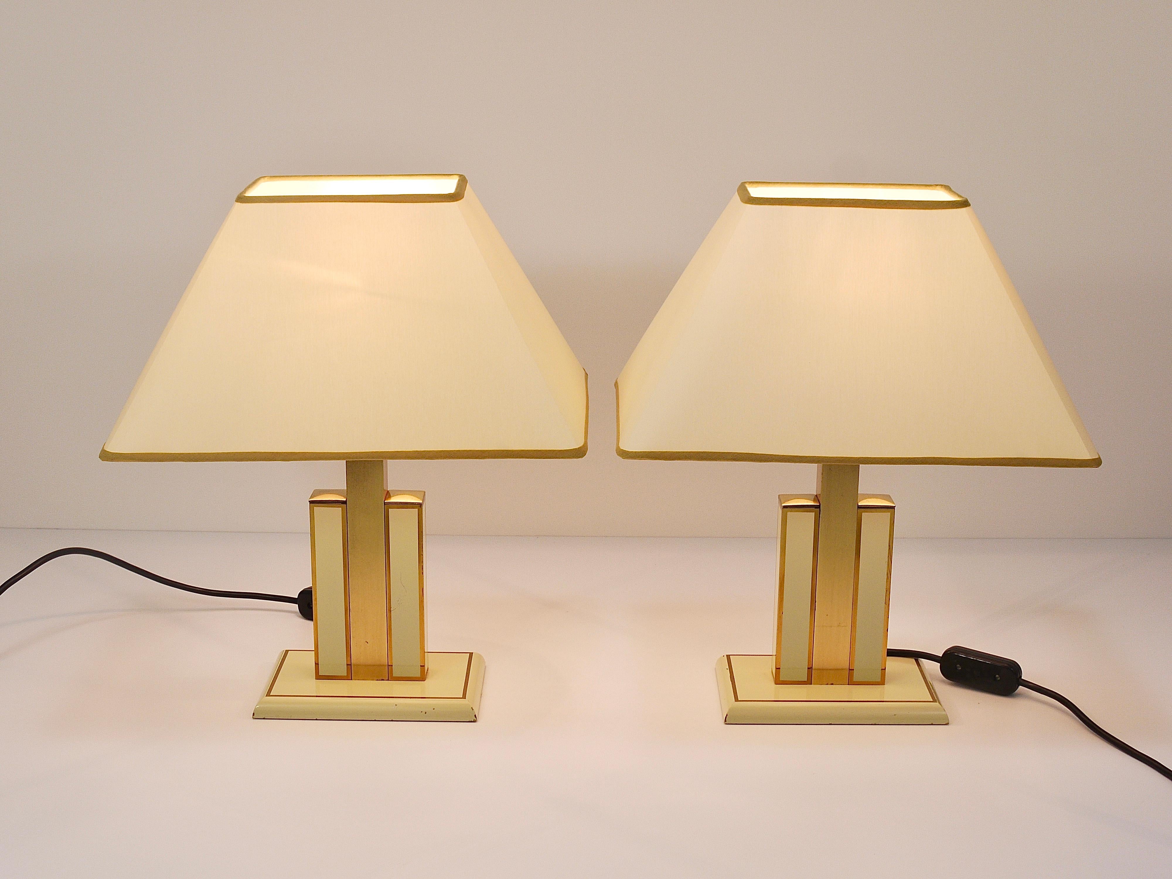 Pair Romeo Rega Ivory & Gold Midcentury Brass Table Side Lamps, Italy, 1970s For Sale 1
