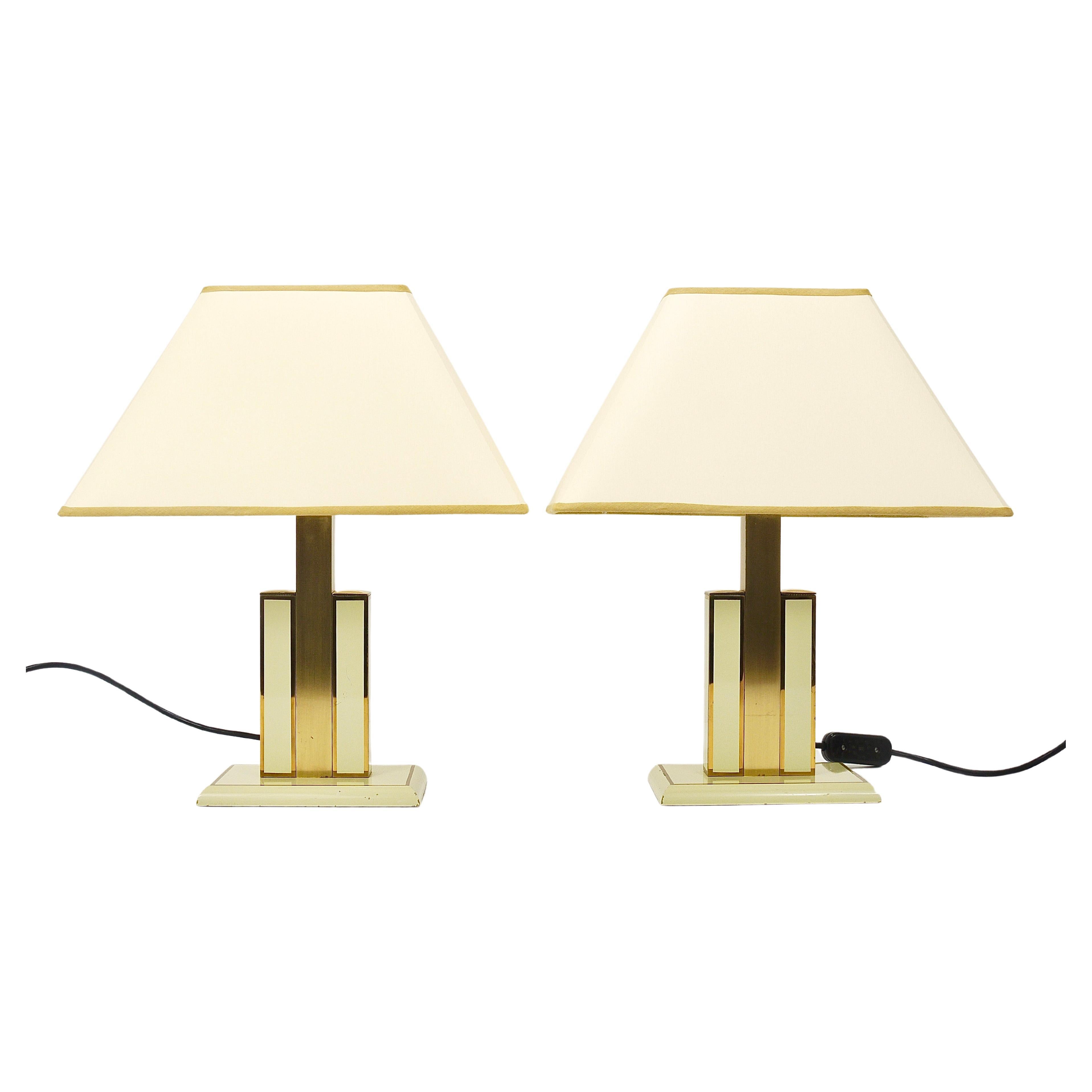 Pair Romeo Rega Ivory & Gold Midcentury Brass Table Side Lamps, Italy, 1970s For Sale