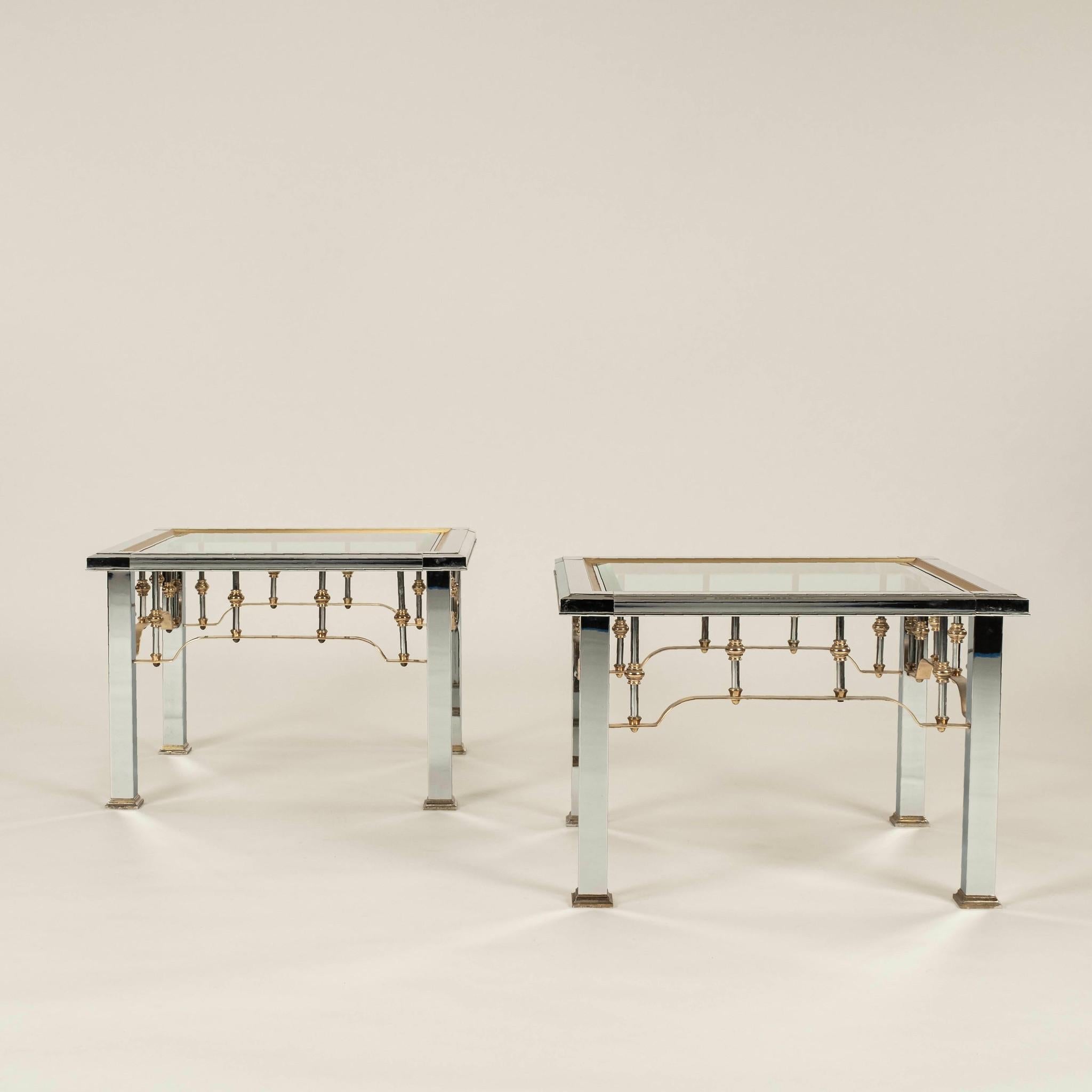 Italian Pair Romeo Rega Style Chrome Brass & Glass Side Tables For Sale