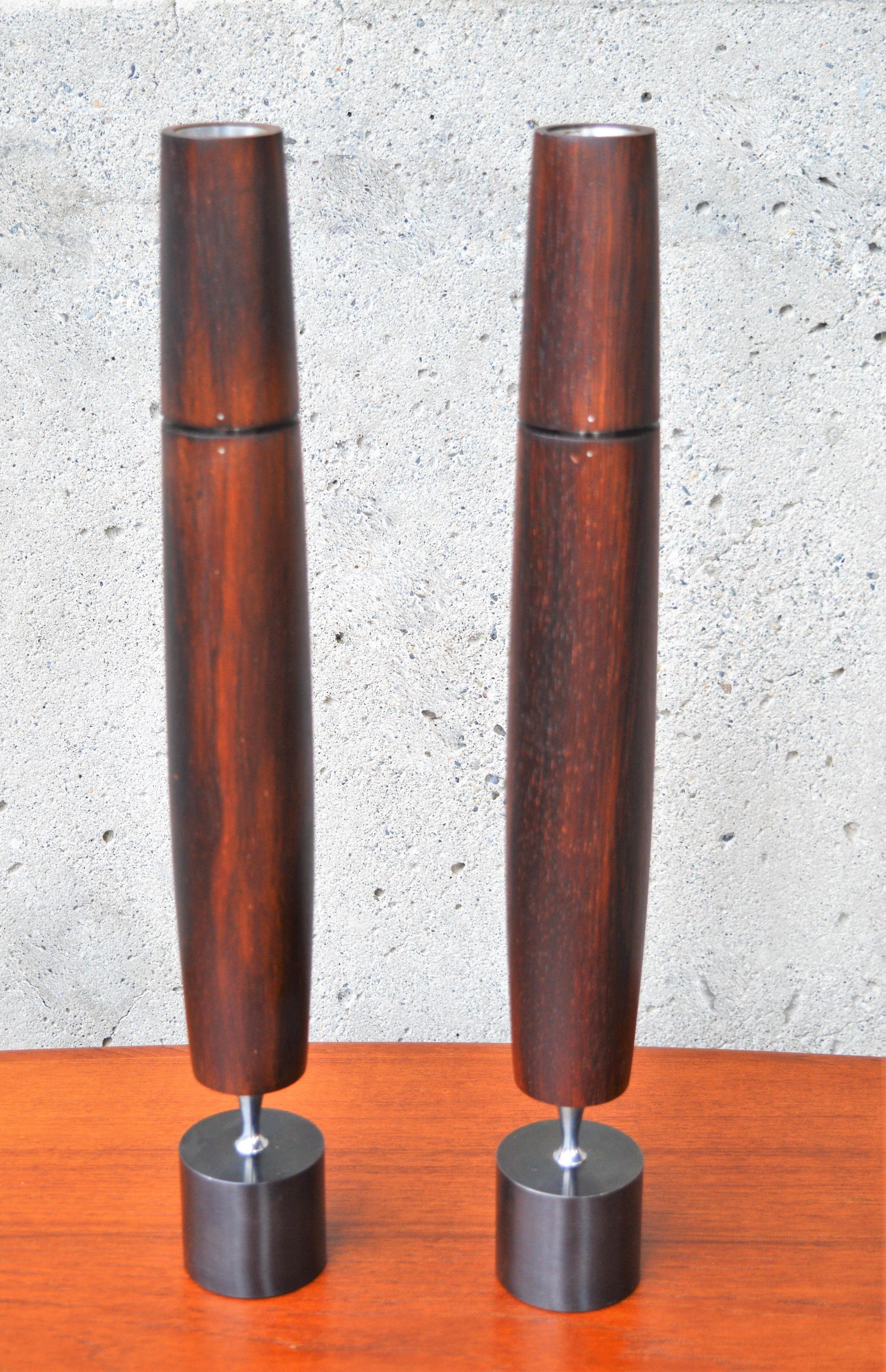 Mid-Century Modern Pair of Ronson Modernist Exotic Hardwood Wenge Butane Varaflame Candlesticks For Sale