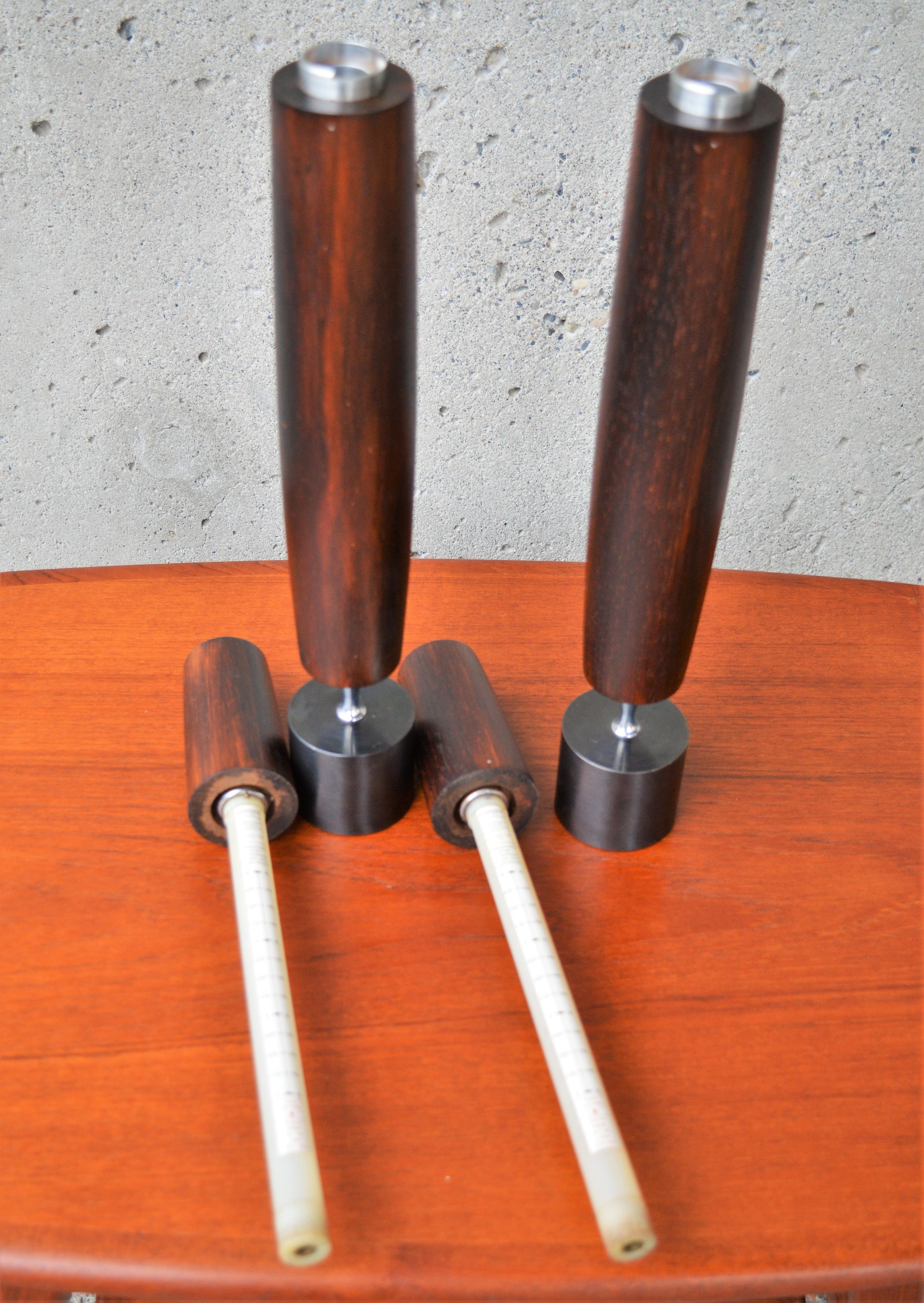 Pair of Ronson Modernist Exotic Hardwood Wenge Butane Varaflame Candlesticks In Good Condition For Sale In New Westminster, British Columbia