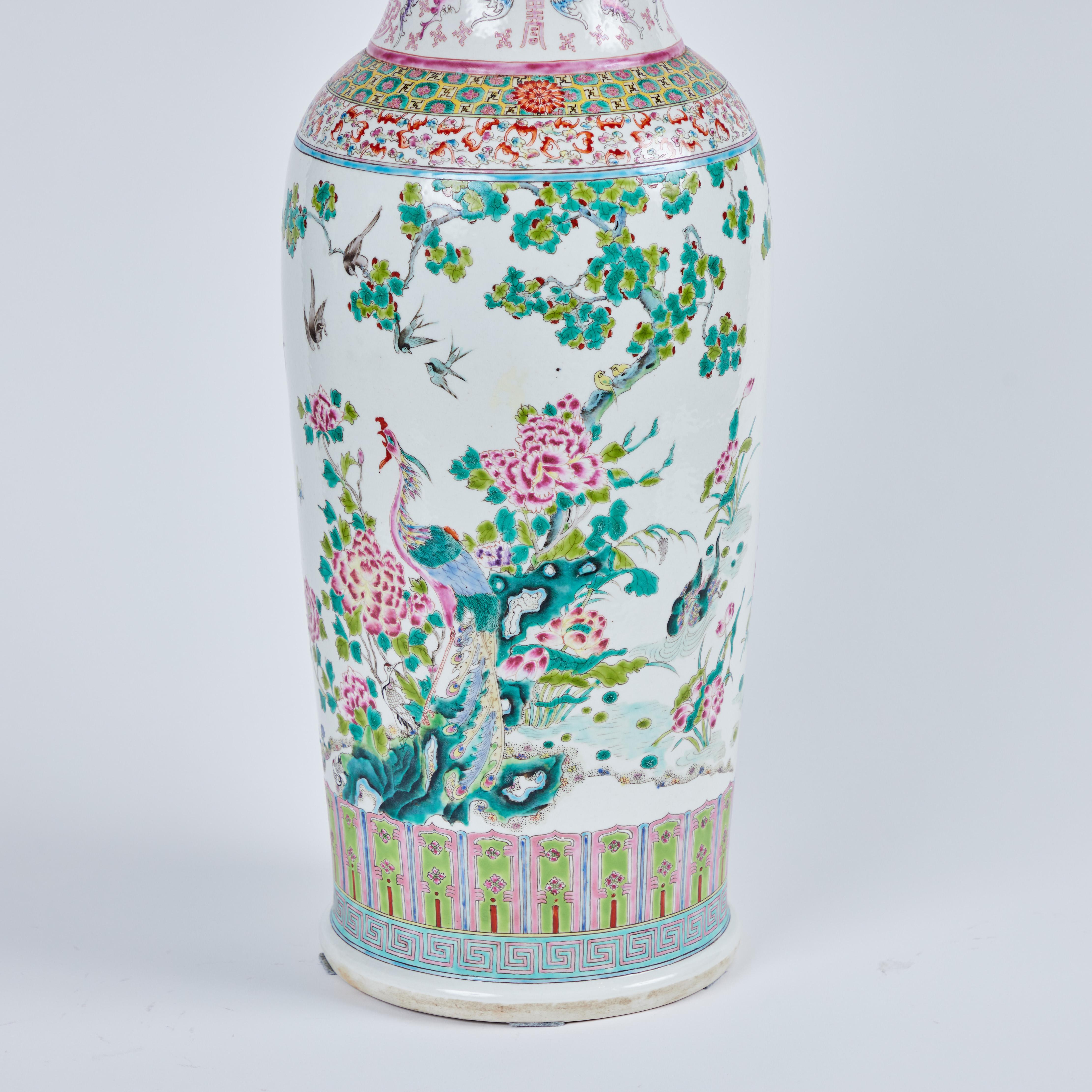 Hand-Painted Pair Rose Canton Porcelain Vases