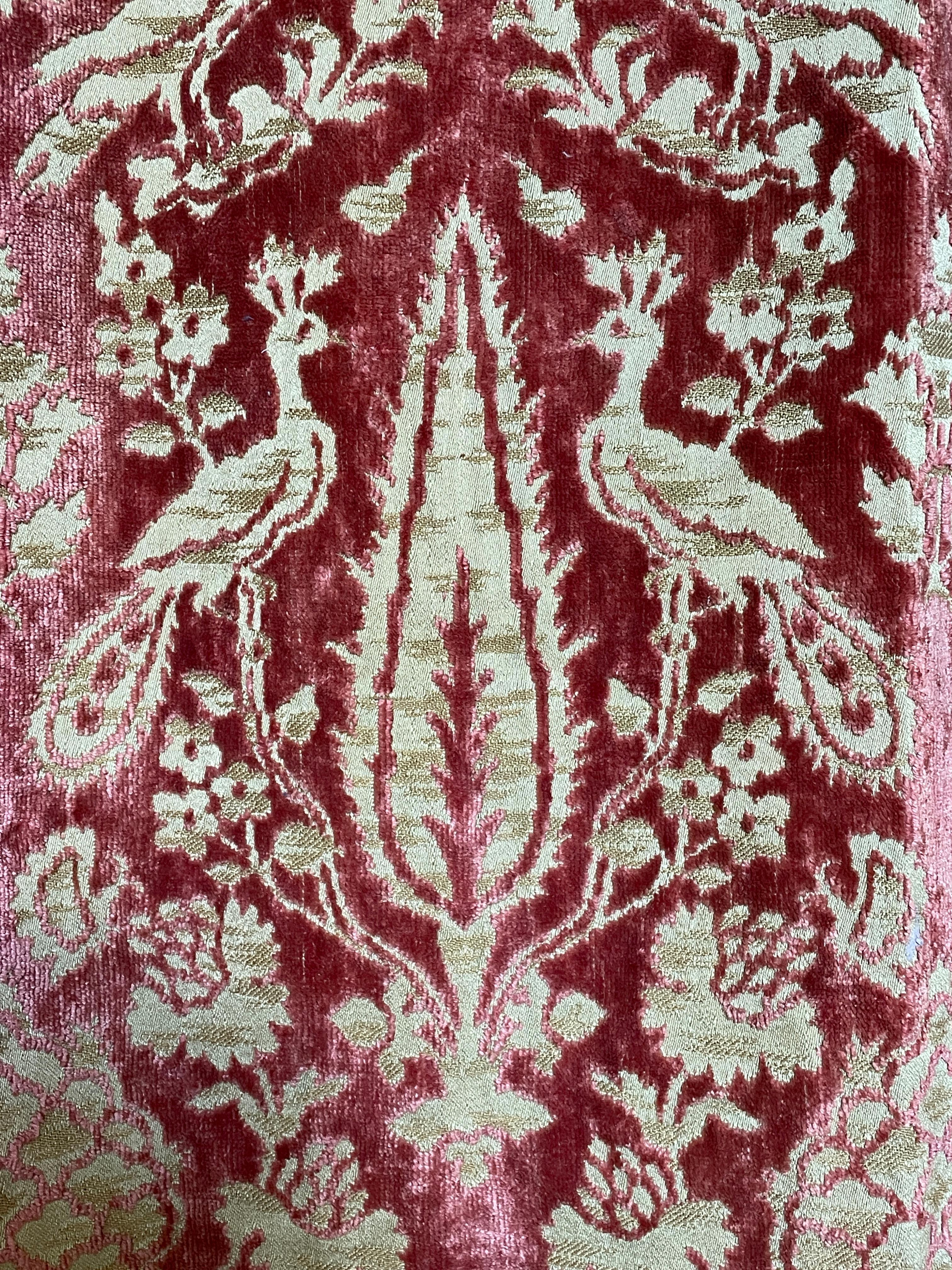 Mid-19th Century Pair Rose Cut-Velvet Curtains Love Birds Peacocks Cypress 86