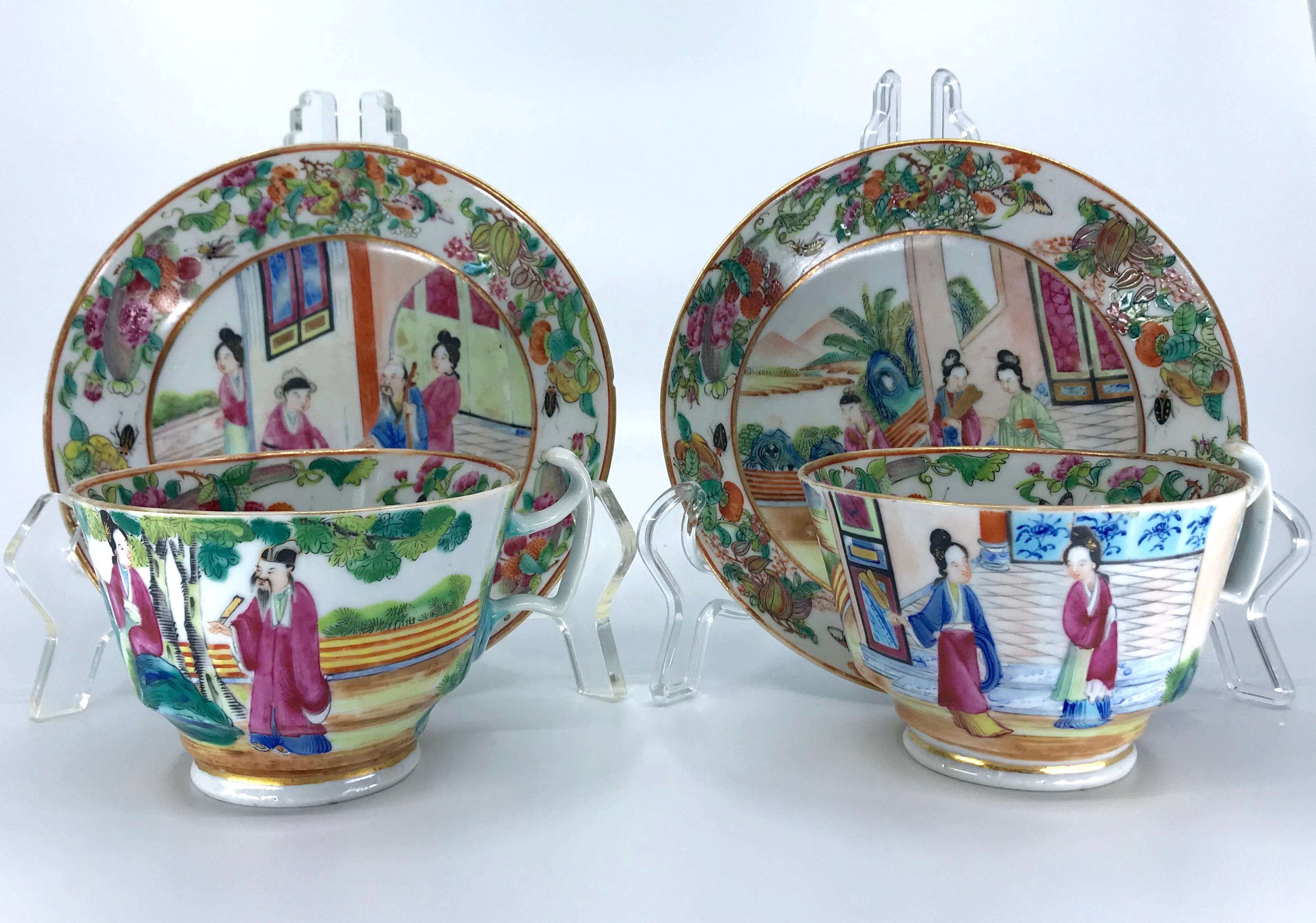 Rose Mandarin Chinese porcelain cups and saucers. Vibrantly coloured in pinks and blues and greens and finely modeled pair of “London model” teacups with English style early 19th century handle. China, early 19th century. 
Dimensions: cups 3.75