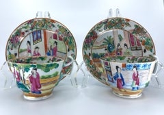 Pair of Rose Mandarin Chinese Porcelain Cups and Saucers