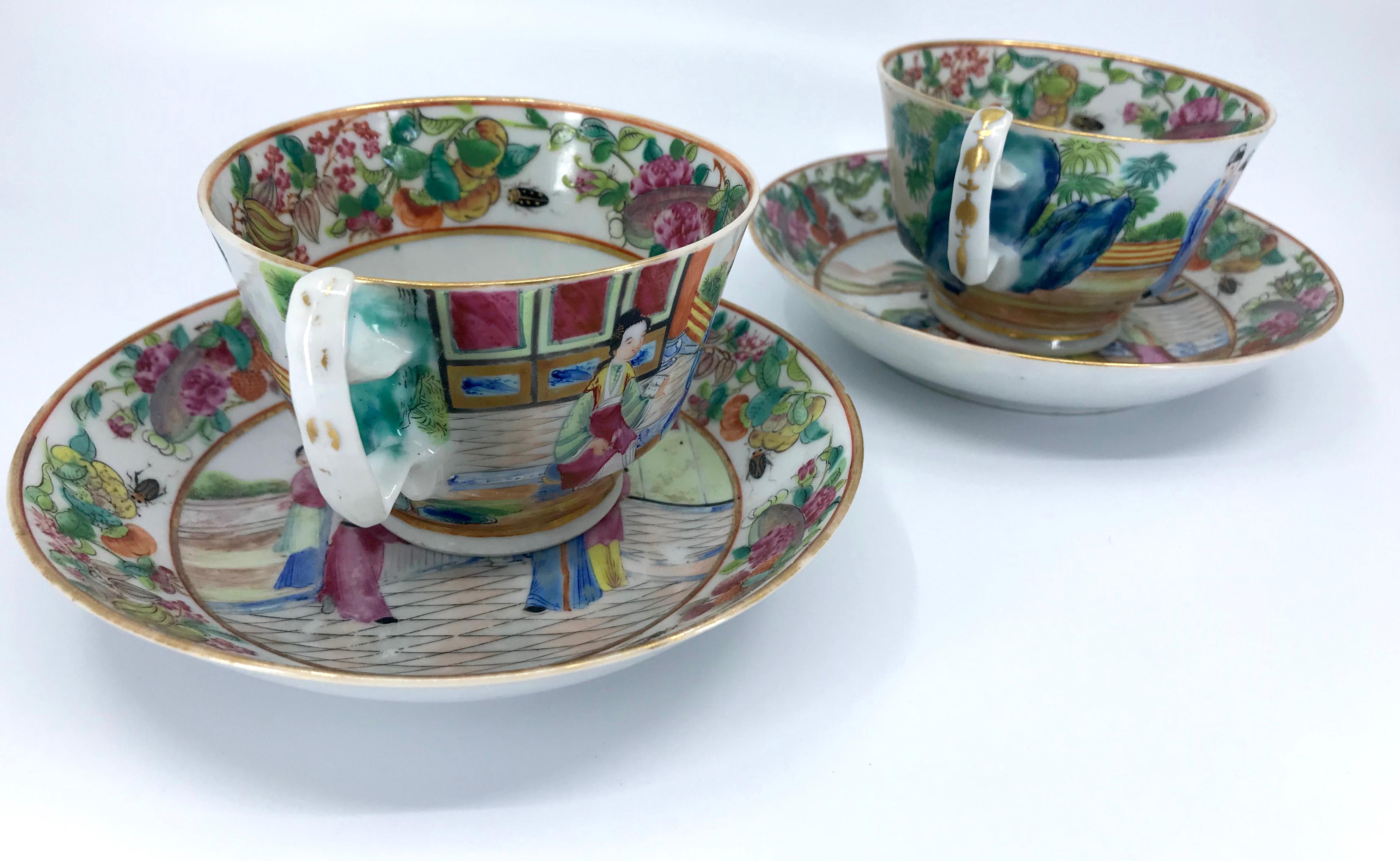 Chinoiserie Pair of Rose Mandarin Chinese Porcelain Cups and Saucers For Sale