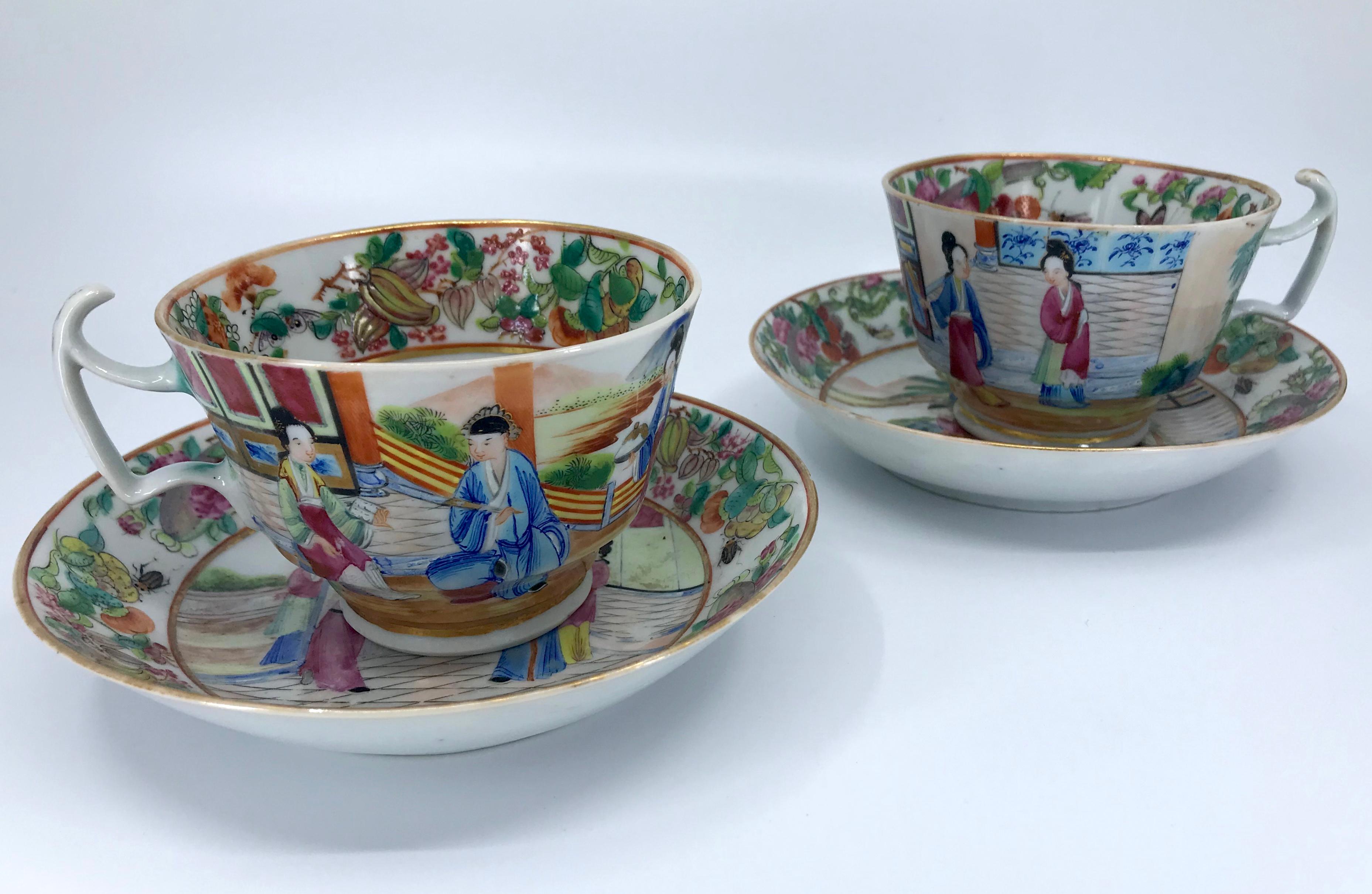 Hand-Painted Pair of Rose Mandarin Chinese Porcelain Cups and Saucers For Sale