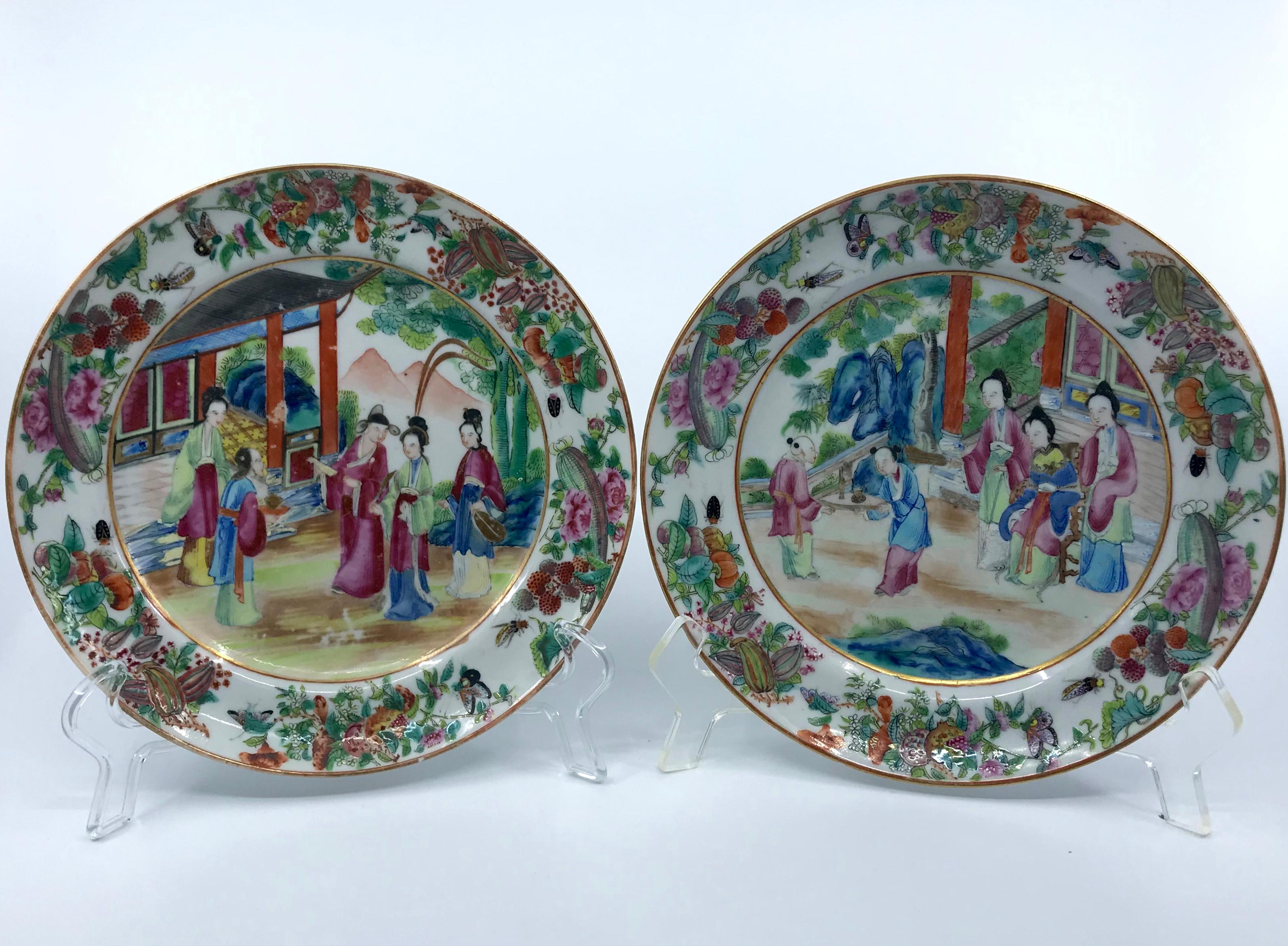 Pair of rose Mandarin Chinese porcelain plates. Vibrantly hued and gilt painted Chinese Export luncheon plates in pinks and blues and greens. China, circa 1820's
Dimensions: 7.88