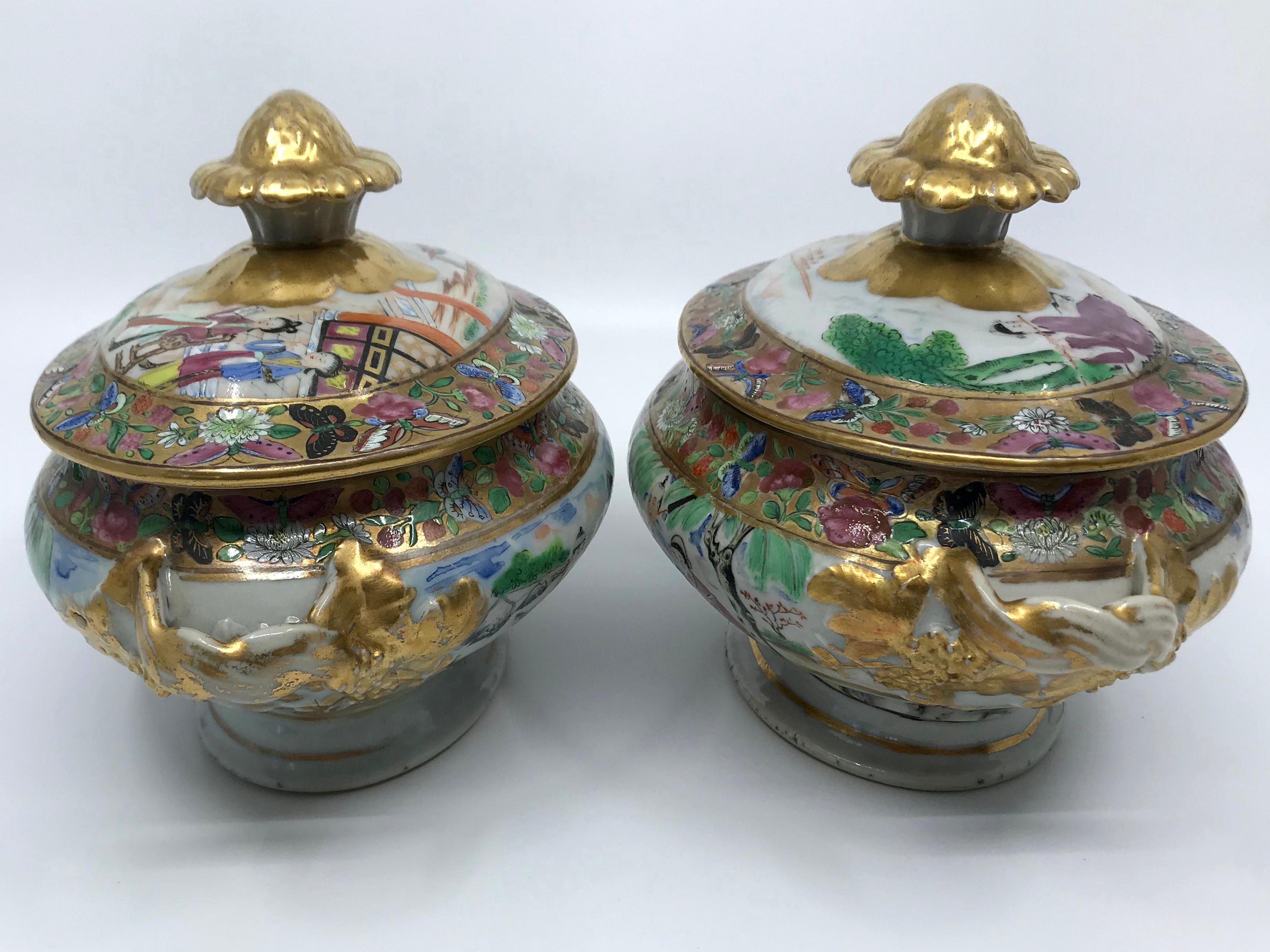 Hand-Painted Pair of Rose Mandarin Chinese Porcelain Sauce Tureens