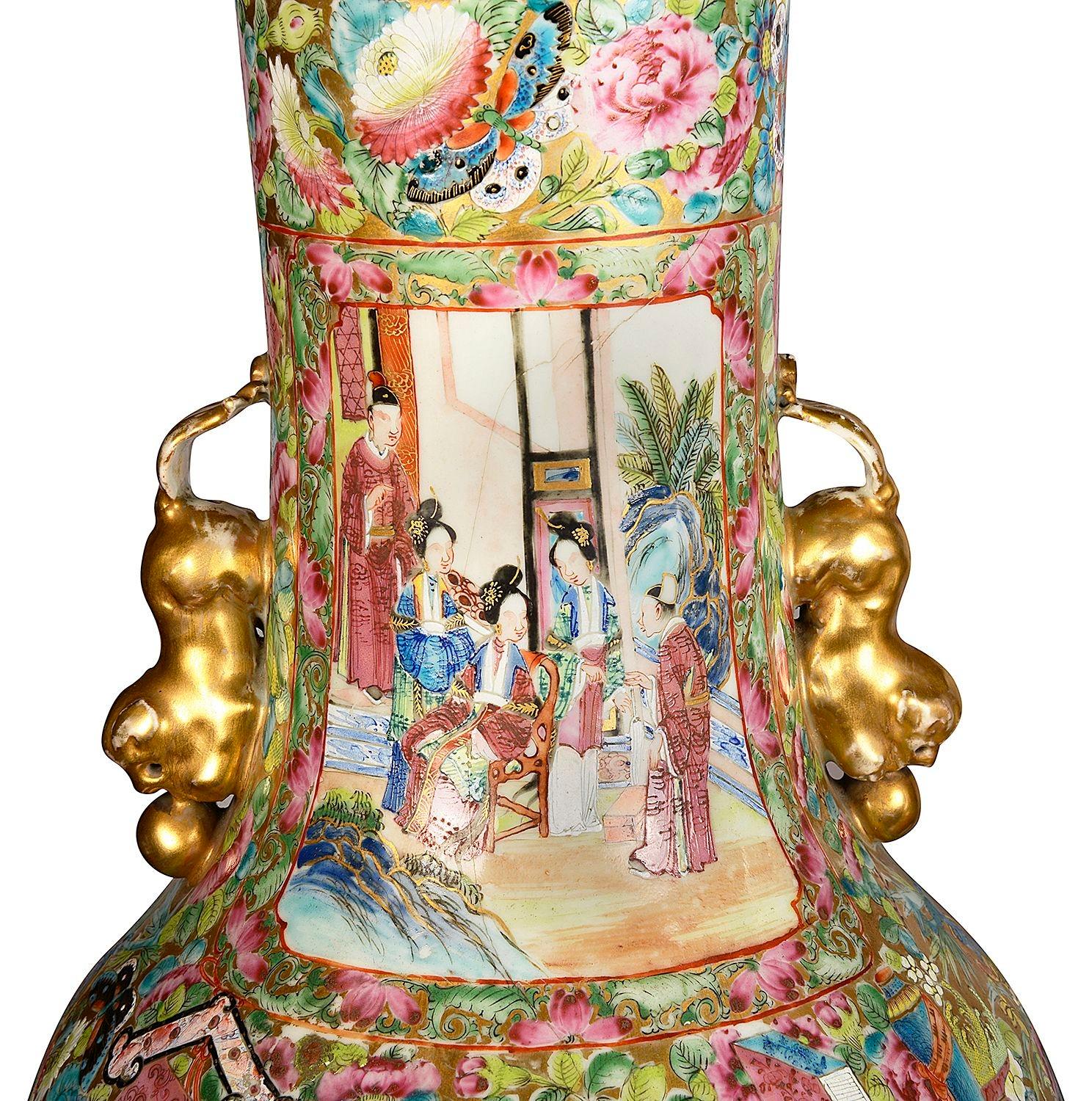 Chinese Export Pair Rose Medallion vases / lamps, 19th Century. For Sale