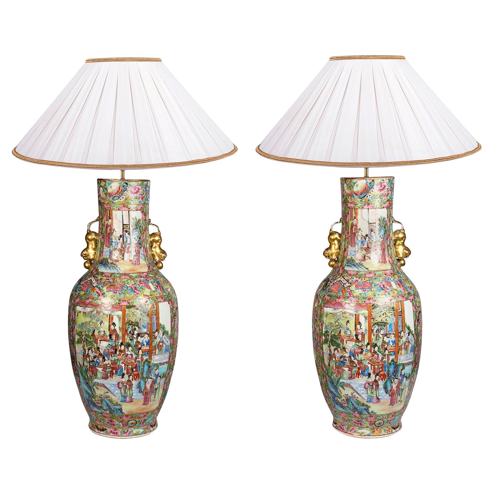 Pair Rose Medallion vases / lamps, 19th Century.