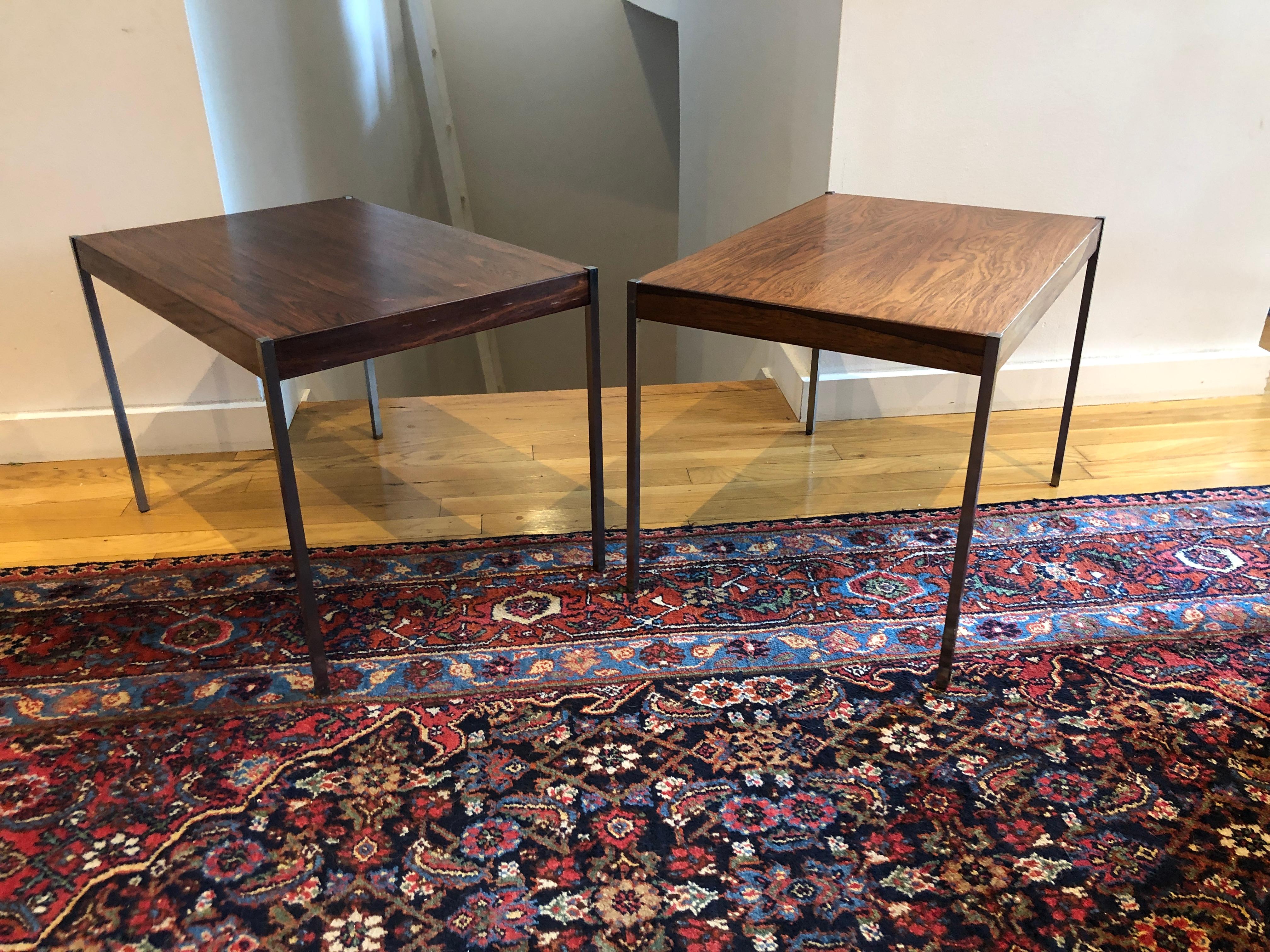 Brushed Pair of Rosewood and Aluminum Sidetables by Luxus