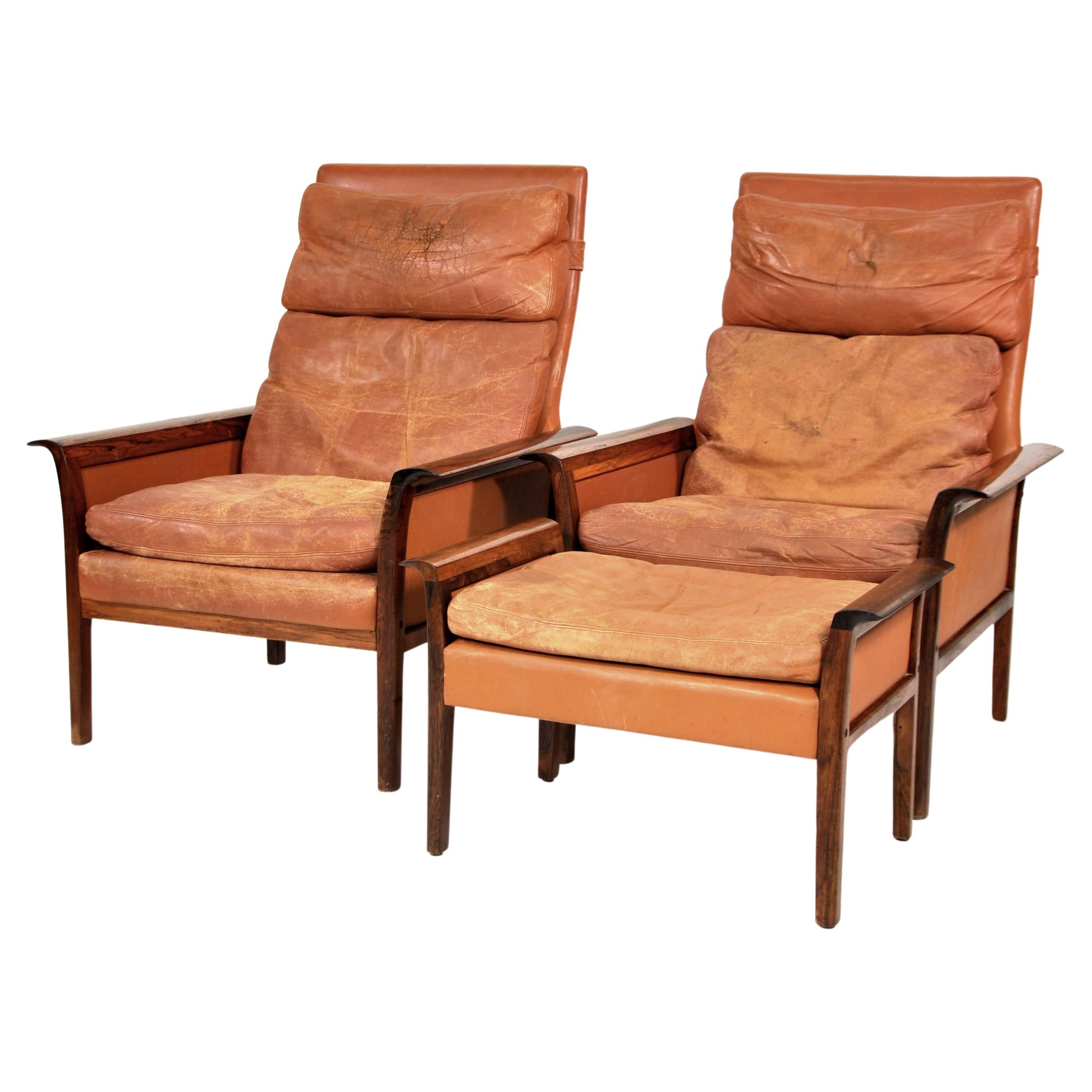 Rosewood Cognac Leather Chairs with Ottoman, by Fredrik Kayser for Vatne Mobler In Good Condition In Miami, FL