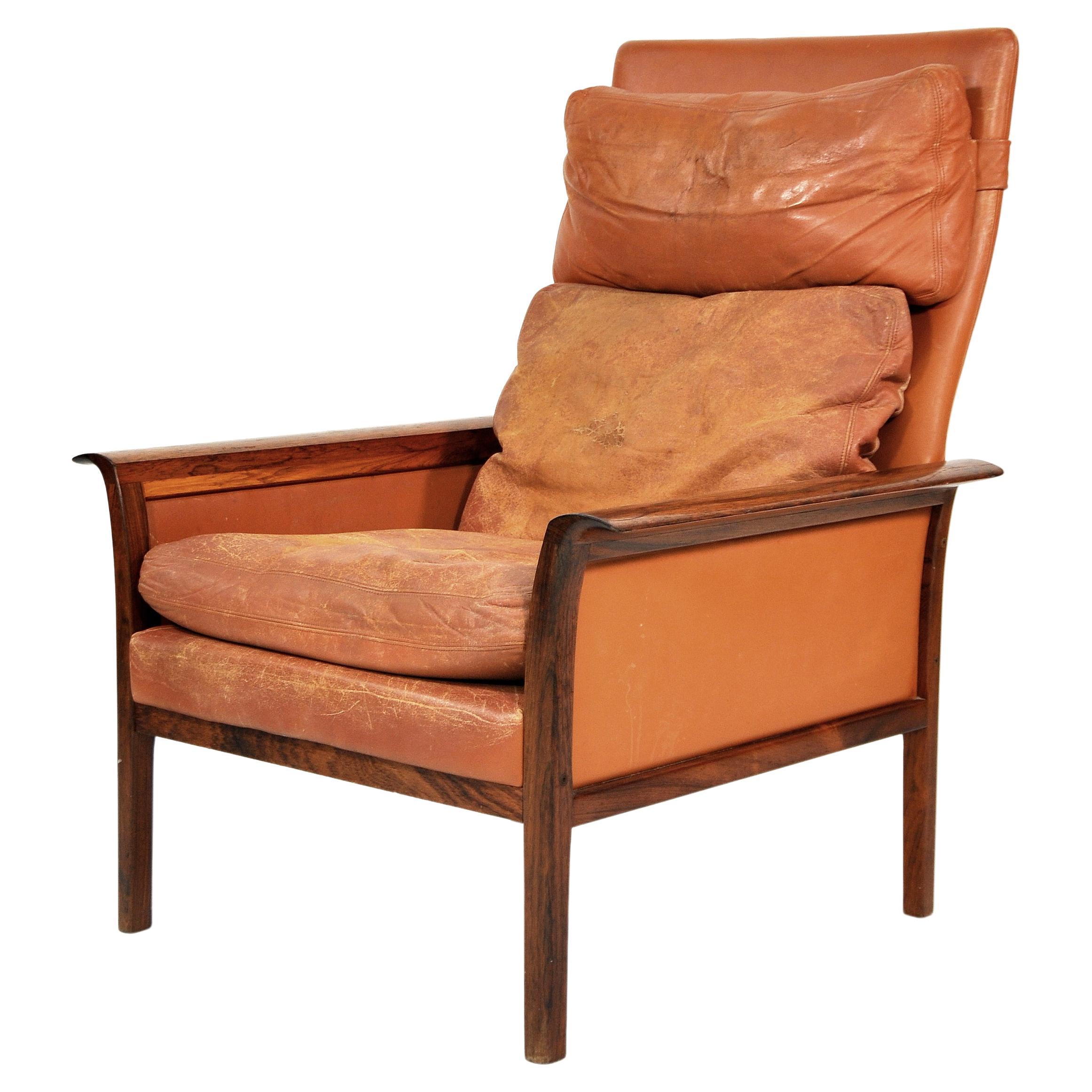 20th Century Rosewood Cognac Leather Chairs with Ottoman, by Fredrik Kayser for Vatne Mobler