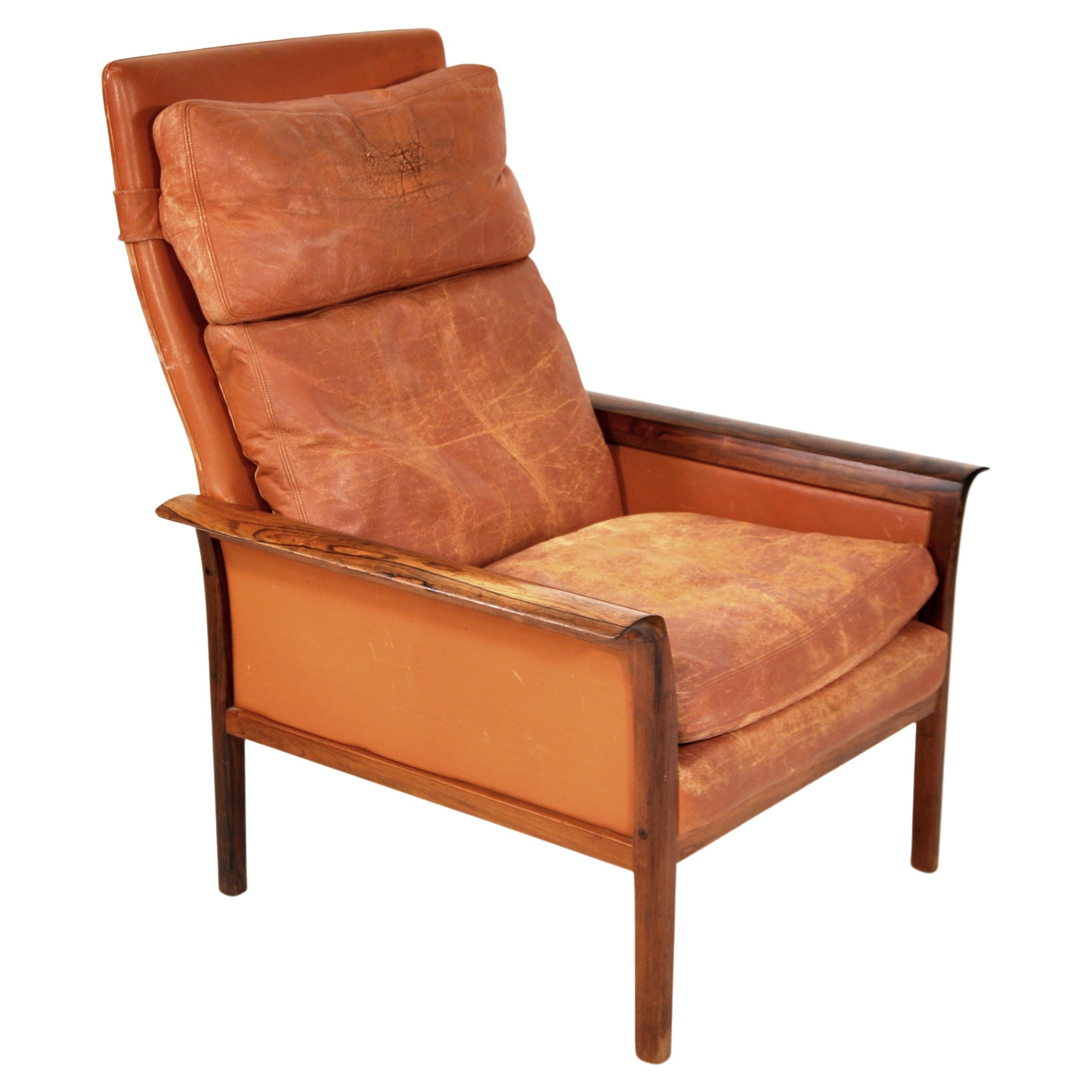 Rosewood Cognac Leather Chairs with Ottoman, by Fredrik Kayser for Vatne Mobler 1