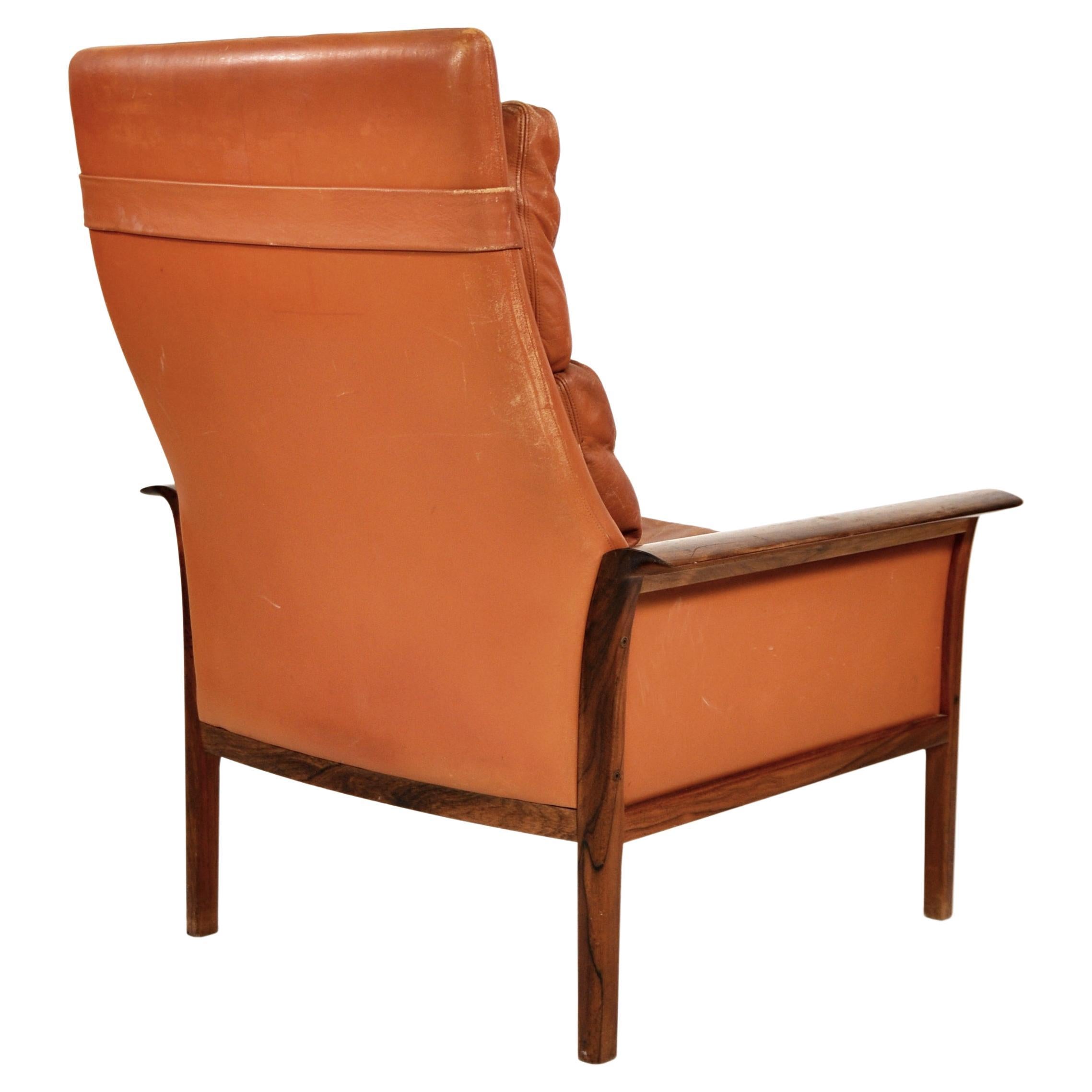 Rosewood Cognac Leather Chairs with Ottoman, by Fredrik Kayser for Vatne Mobler 2