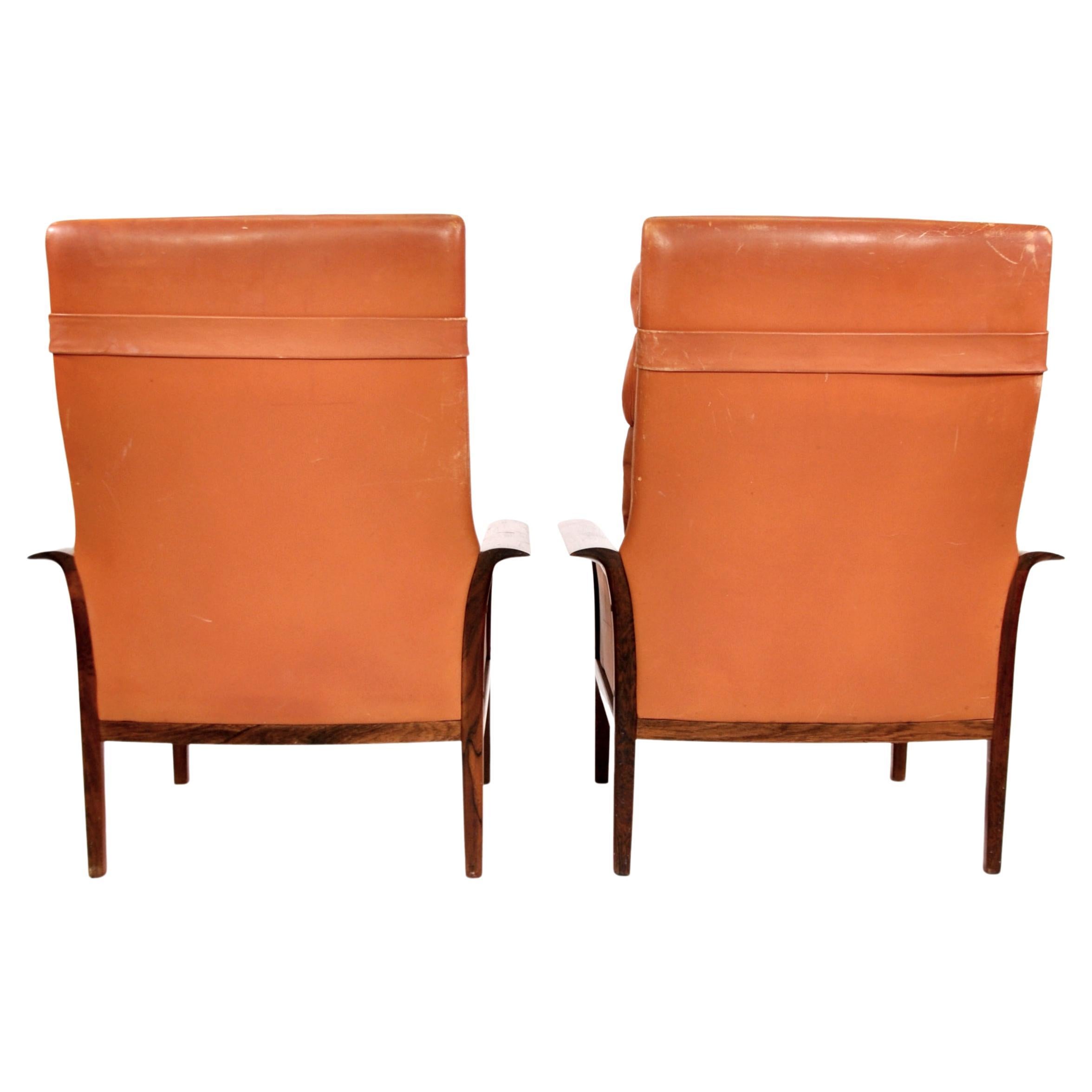 Rosewood Cognac Leather Chairs with Ottoman, by Fredrik Kayser for Vatne Mobler 3