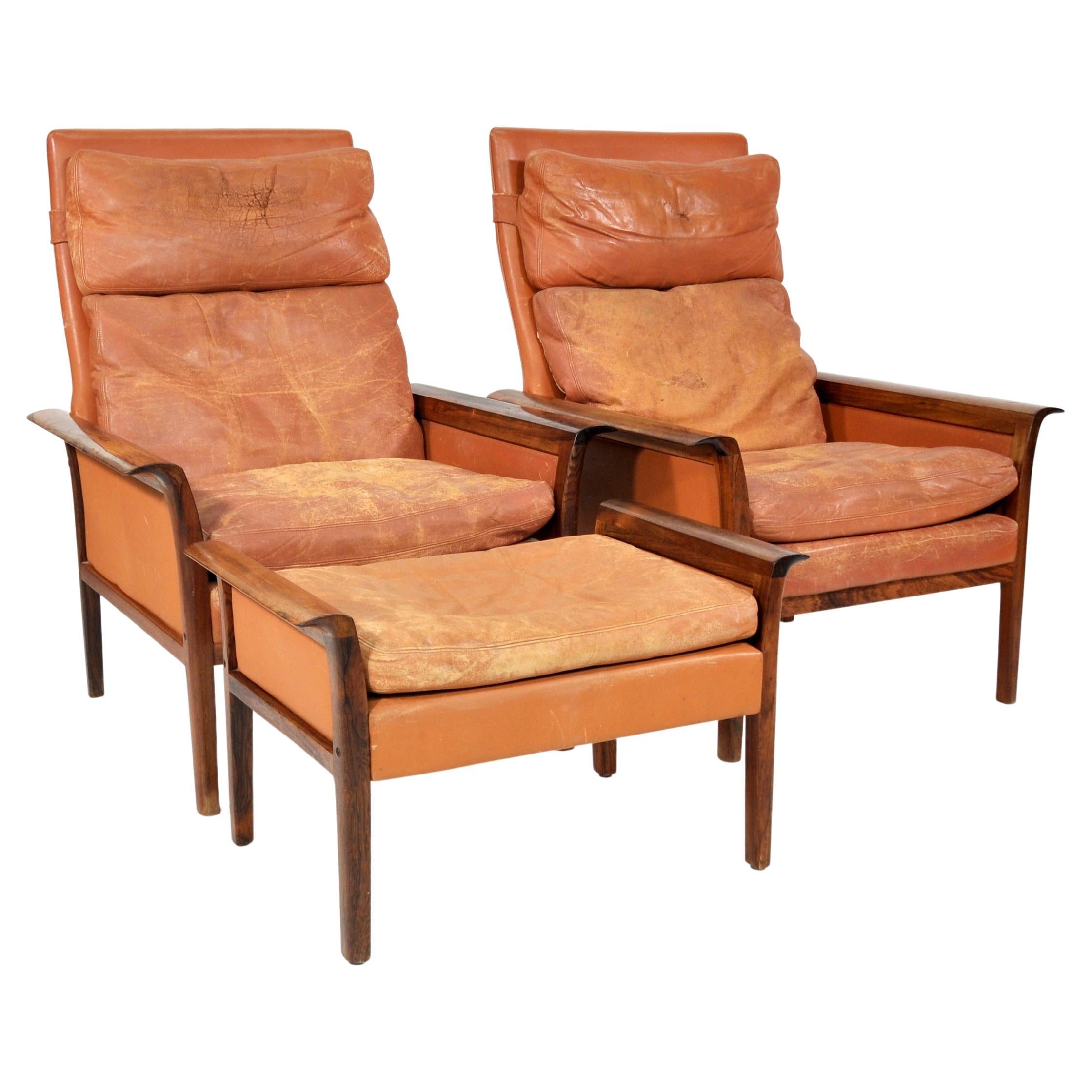 Rosewood Cognac Leather Chairs with Ottoman, by Fredrik Kayser for Vatne Mobler