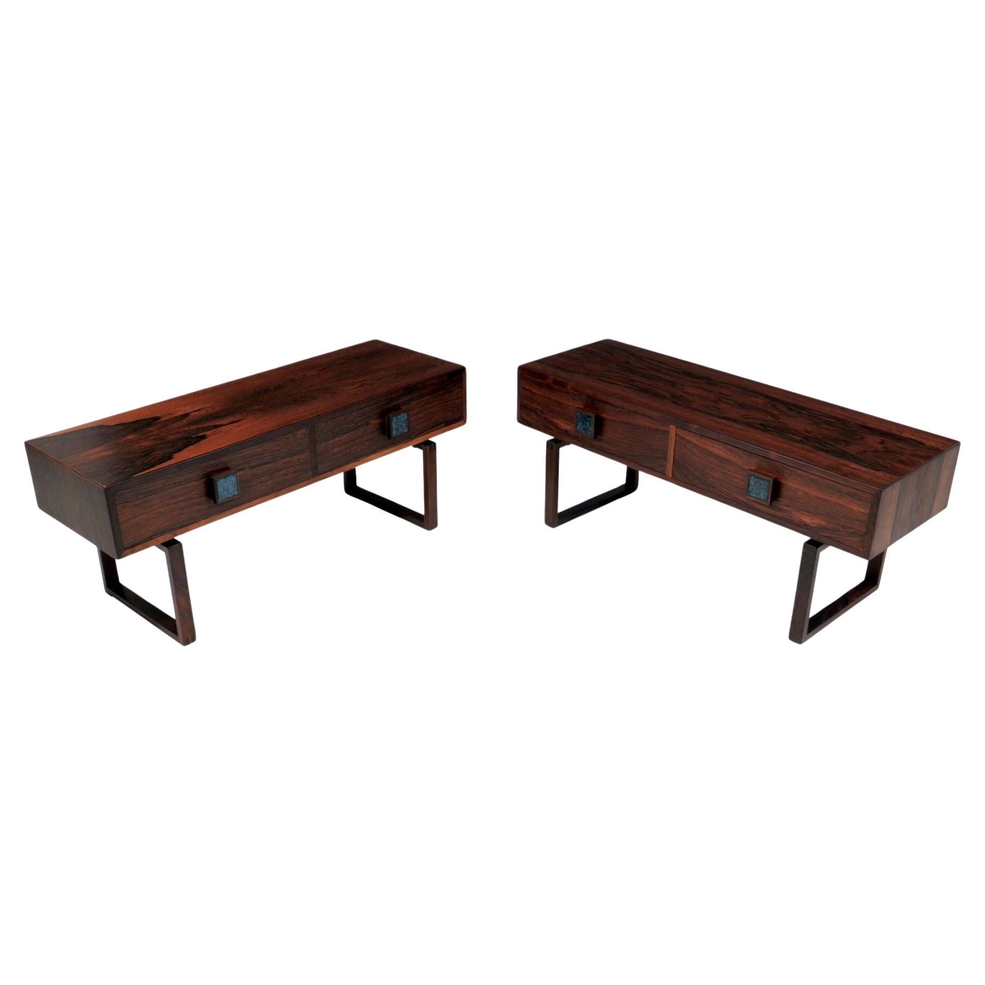 Pair Rosewood Blue Tile Cabinets Nightstands For Sale