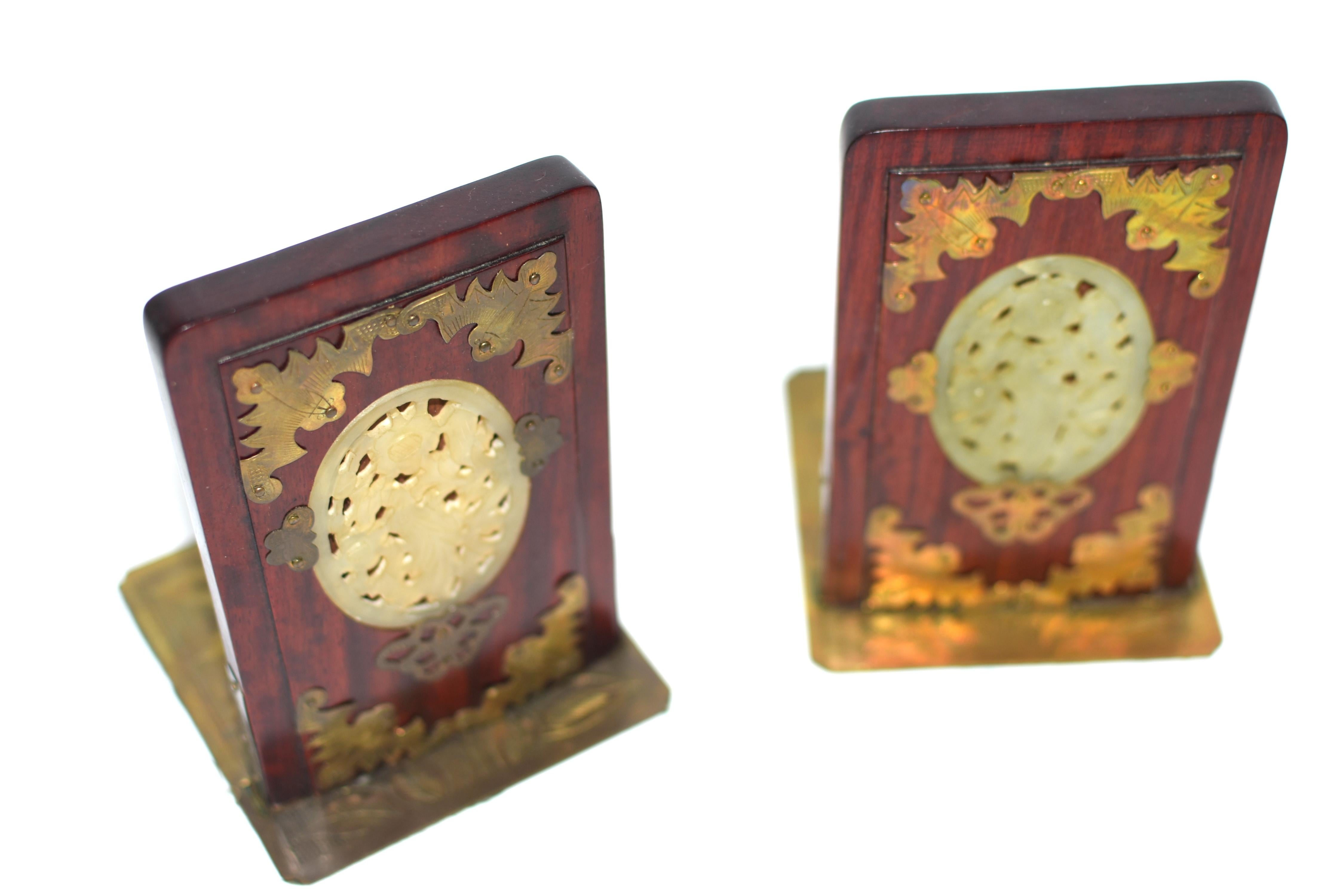 Pair Rosewood Chinese Bookends with Jade 4