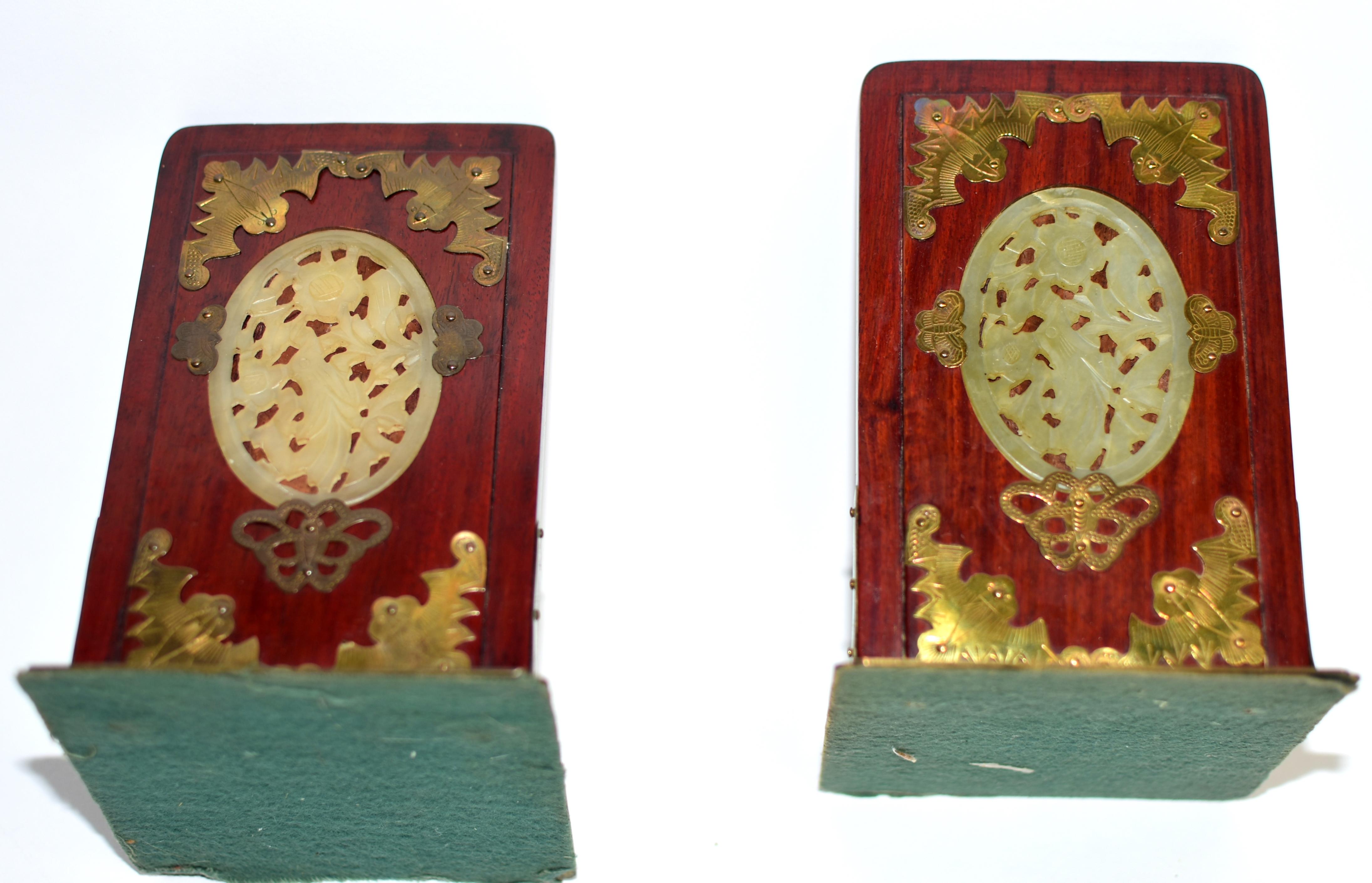 Pair Rosewood Chinese Bookends with Jade 6