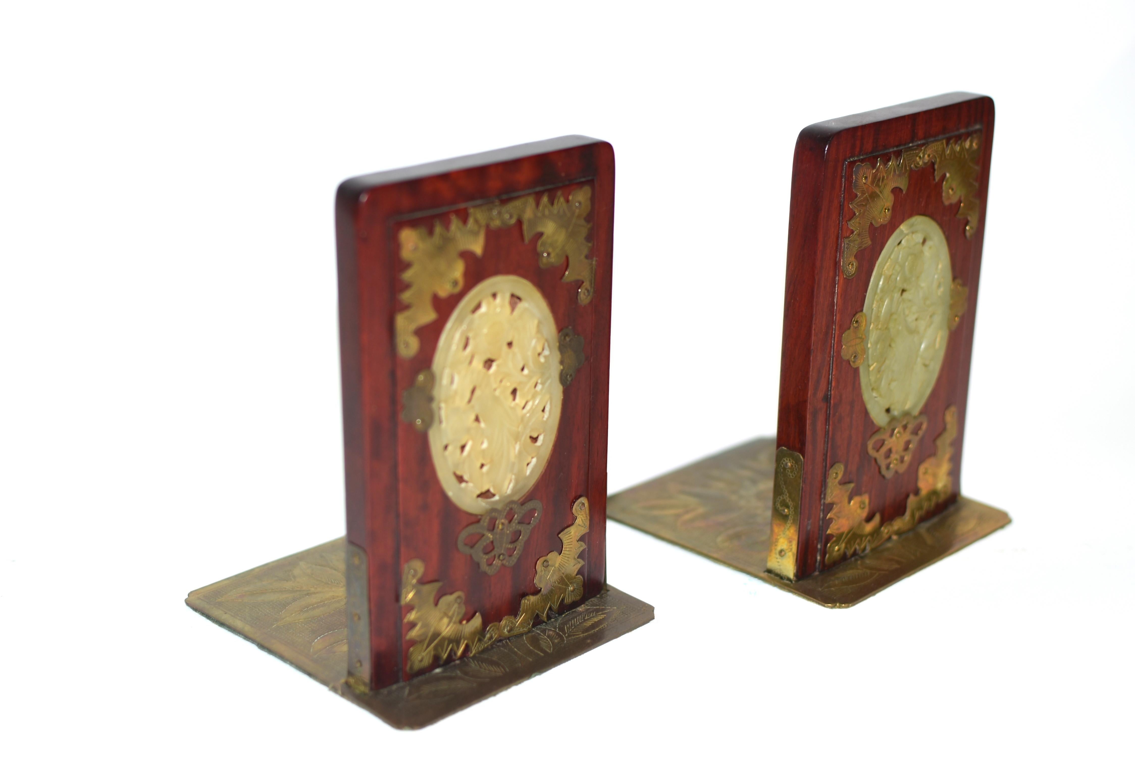 Hand-Carved Pair Rosewood Chinese Bookends with Jade