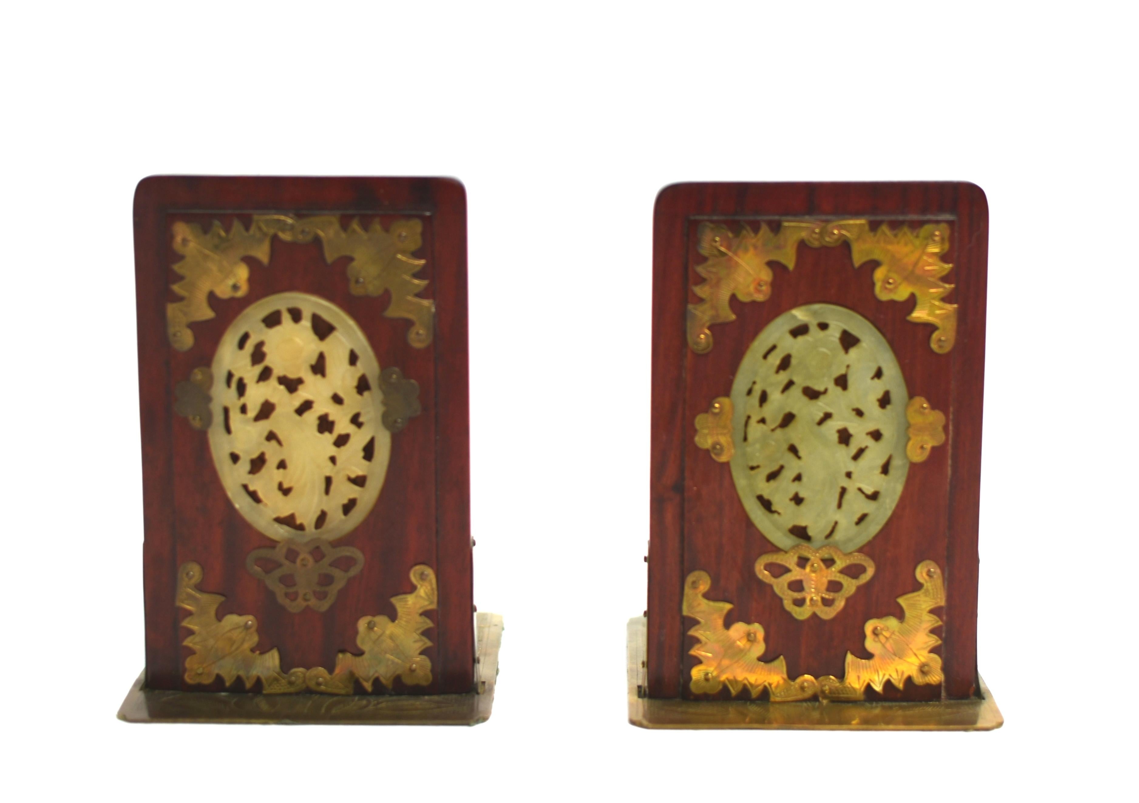 Pair Rosewood Chinese Bookends with Jade In Good Condition In Somis, CA