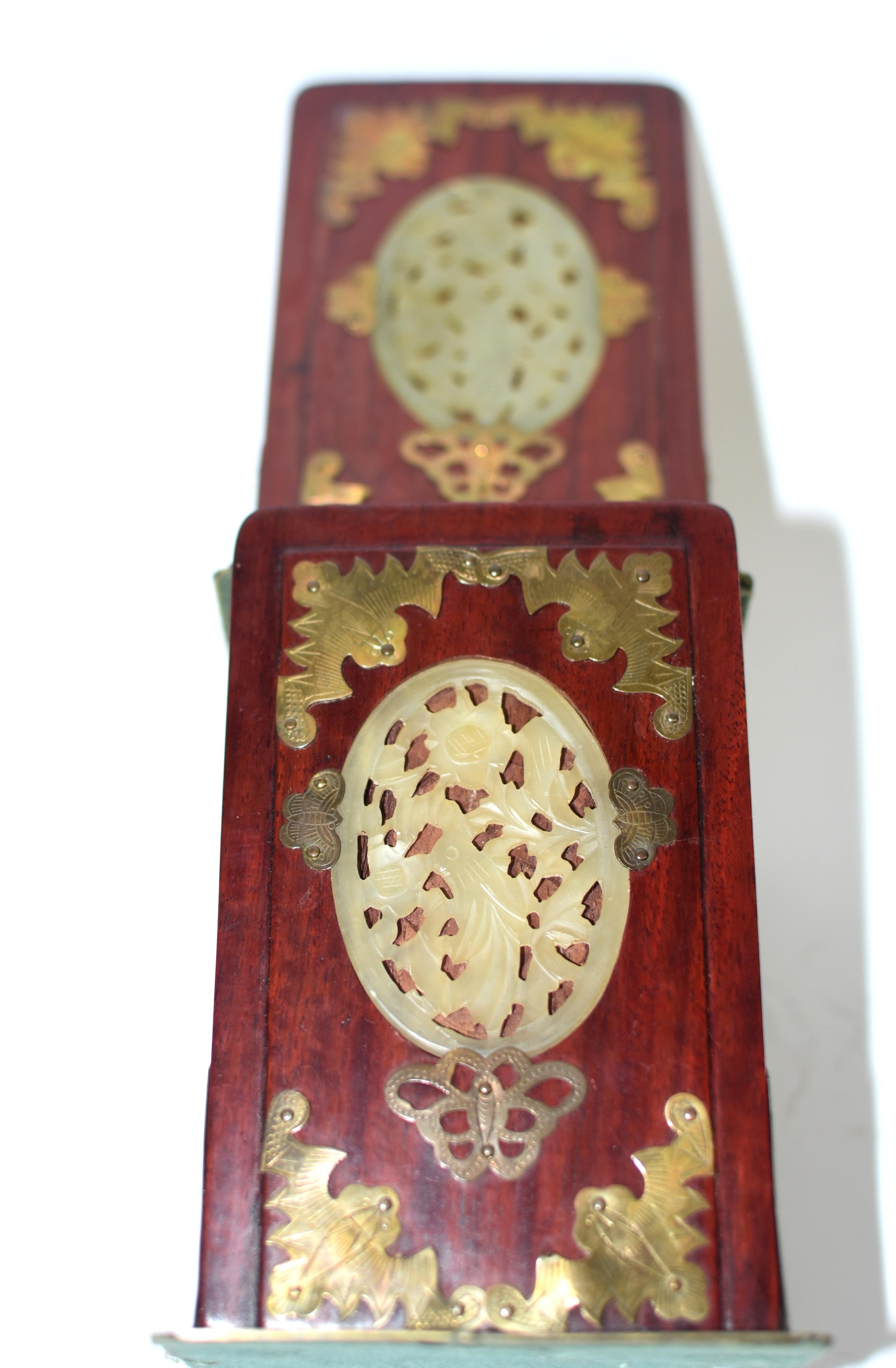 Brass Pair Rosewood Chinese Bookends with Jade