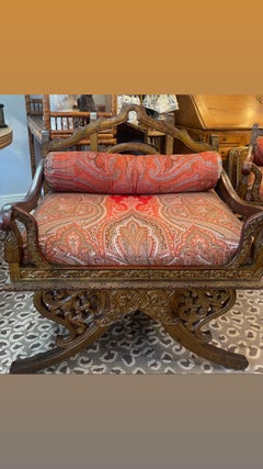Pair Rosewood Howdah Elephant Saddle Chairs, Antique Paisley