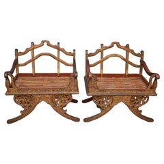 Pair Rosewood Howdah Elephant Saddle Chairs, Antique Paisley