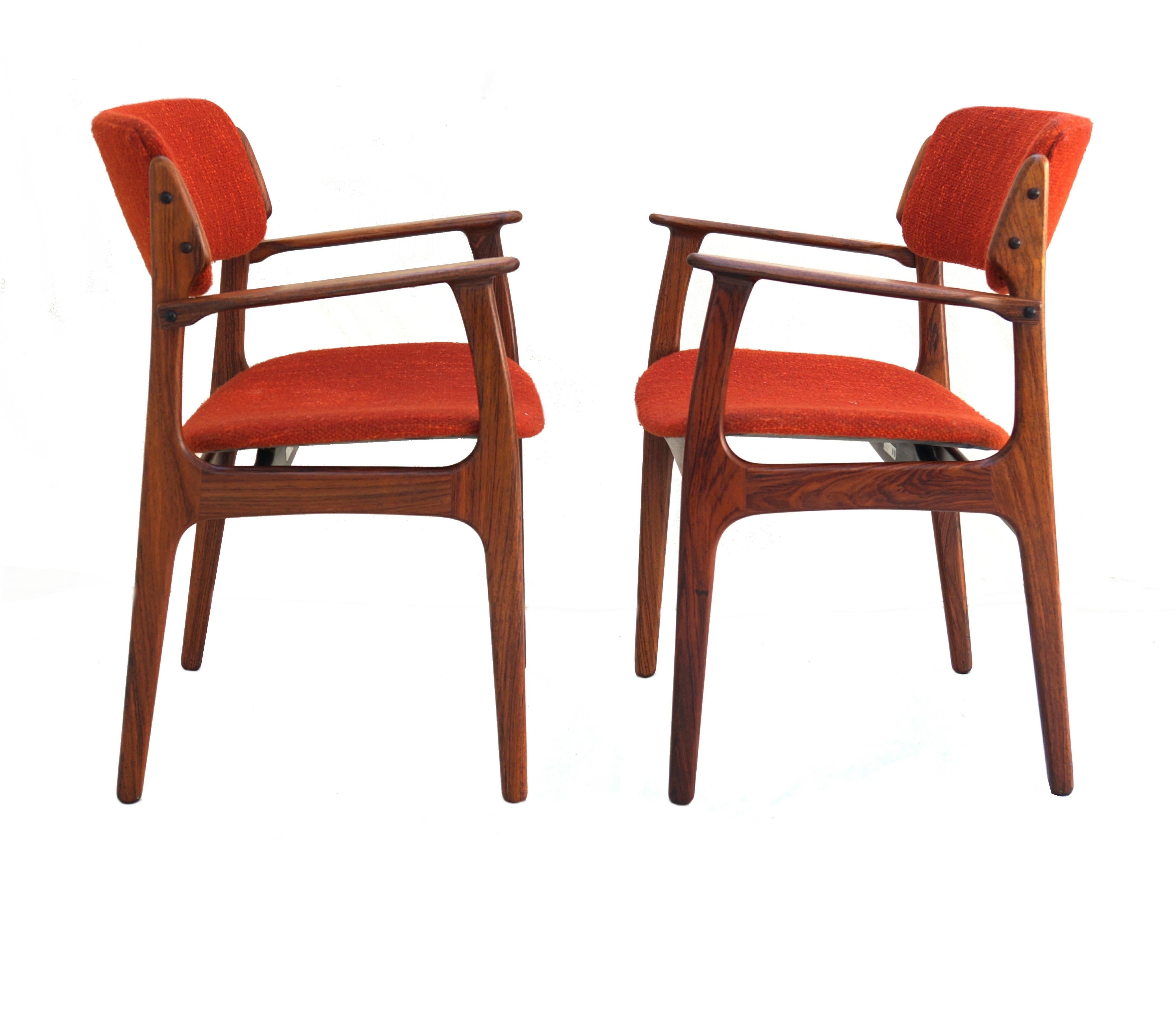 Pair of Rosewood Scandinavian midcentury Danish Modern armchairs Erik Buch Model 50.
If you are in the New Jersey, New York City Metro Area, please contact us with your delivery zipcode, as we may be able to deliver curbside for less than the