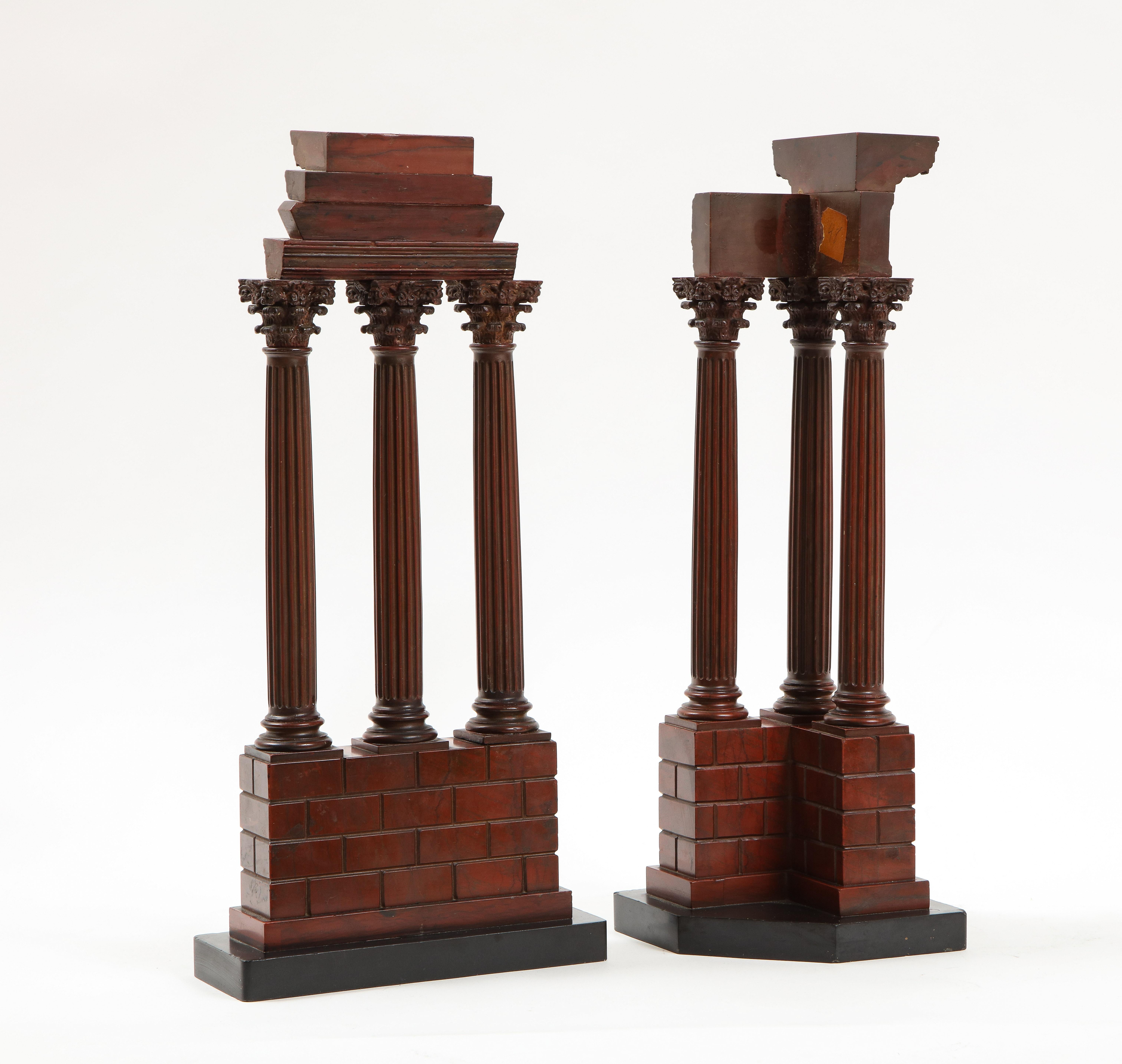 Italian Pair Rouge Marble ‘Grand Tour’ Models of Ruins Celebrating the Corinthian Order For Sale