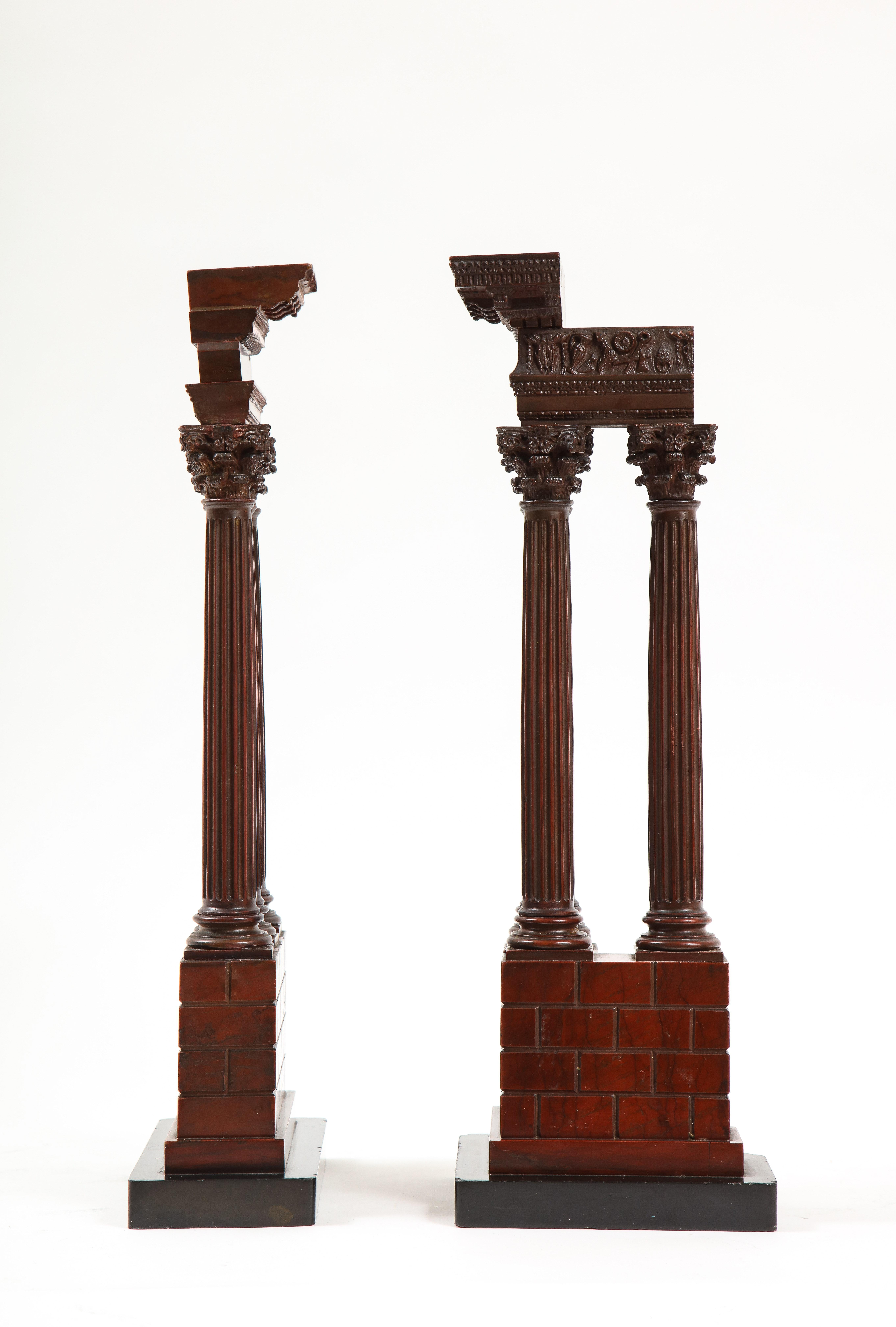 Hand-Carved Pair Rouge Marble ‘Grand Tour’ Models of Ruins Celebrating the Corinthian Order For Sale