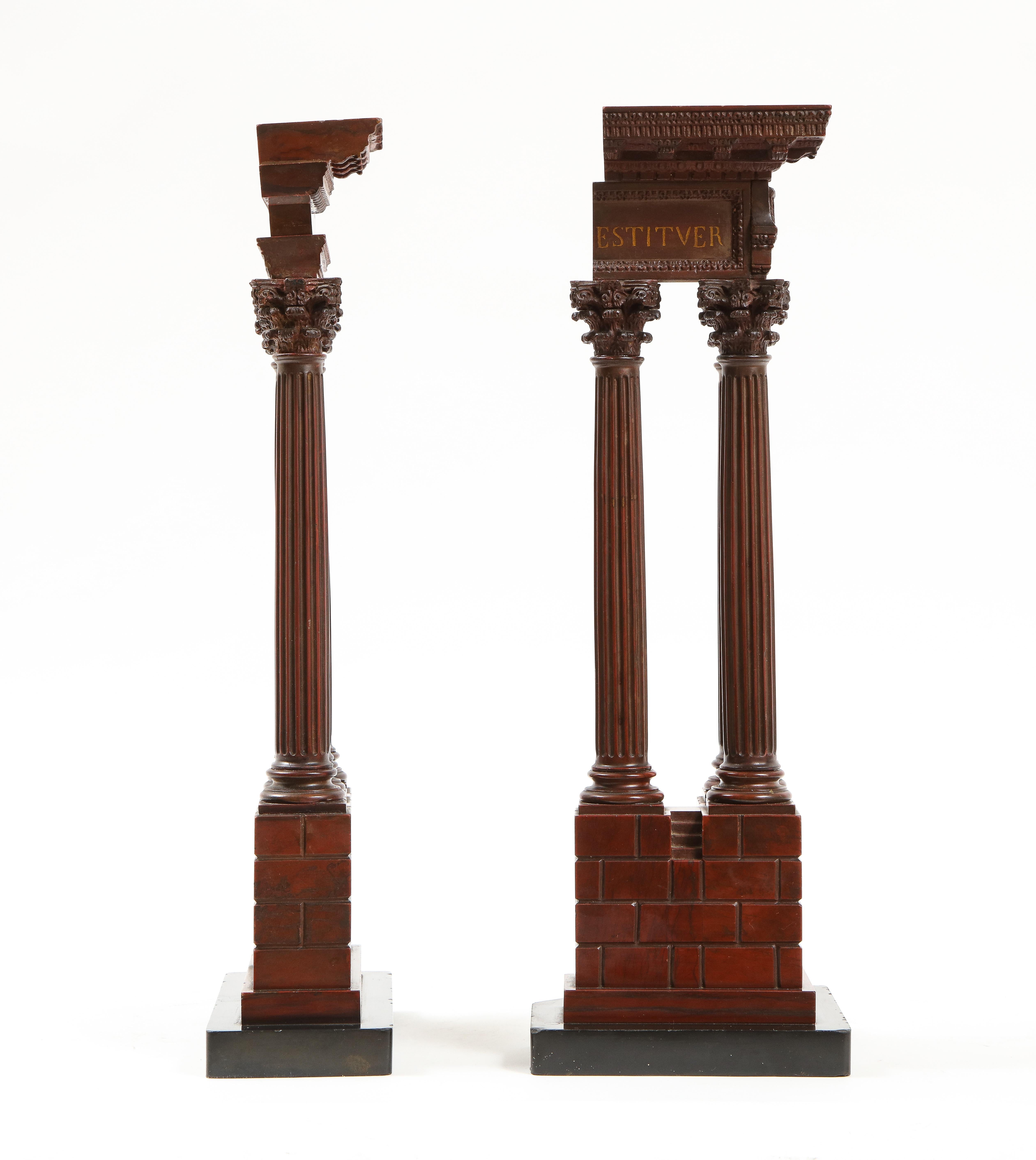 Pair Rouge Marble ‘Grand Tour’ Models of Ruins Celebrating the Corinthian Order In Good Condition For Sale In New York, NY