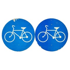 Vintage Pair Round Cardboard Blue & White Bicycle Wall Signs European