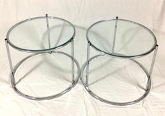 Pair Round Chrome and Glass Drink Side Tables