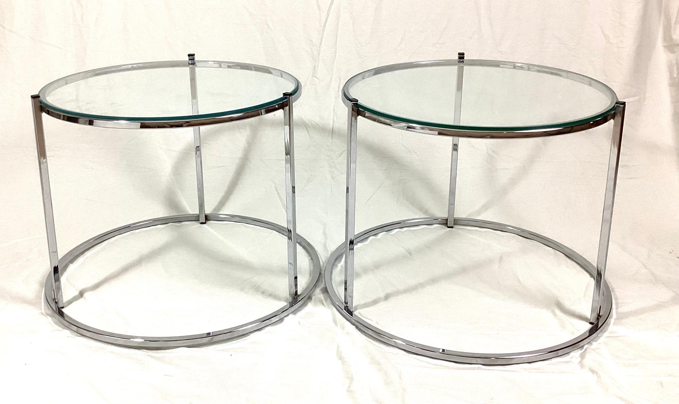 Mid-Century Modern Pair Round Chrome and Glass Drink Side Tables For Sale