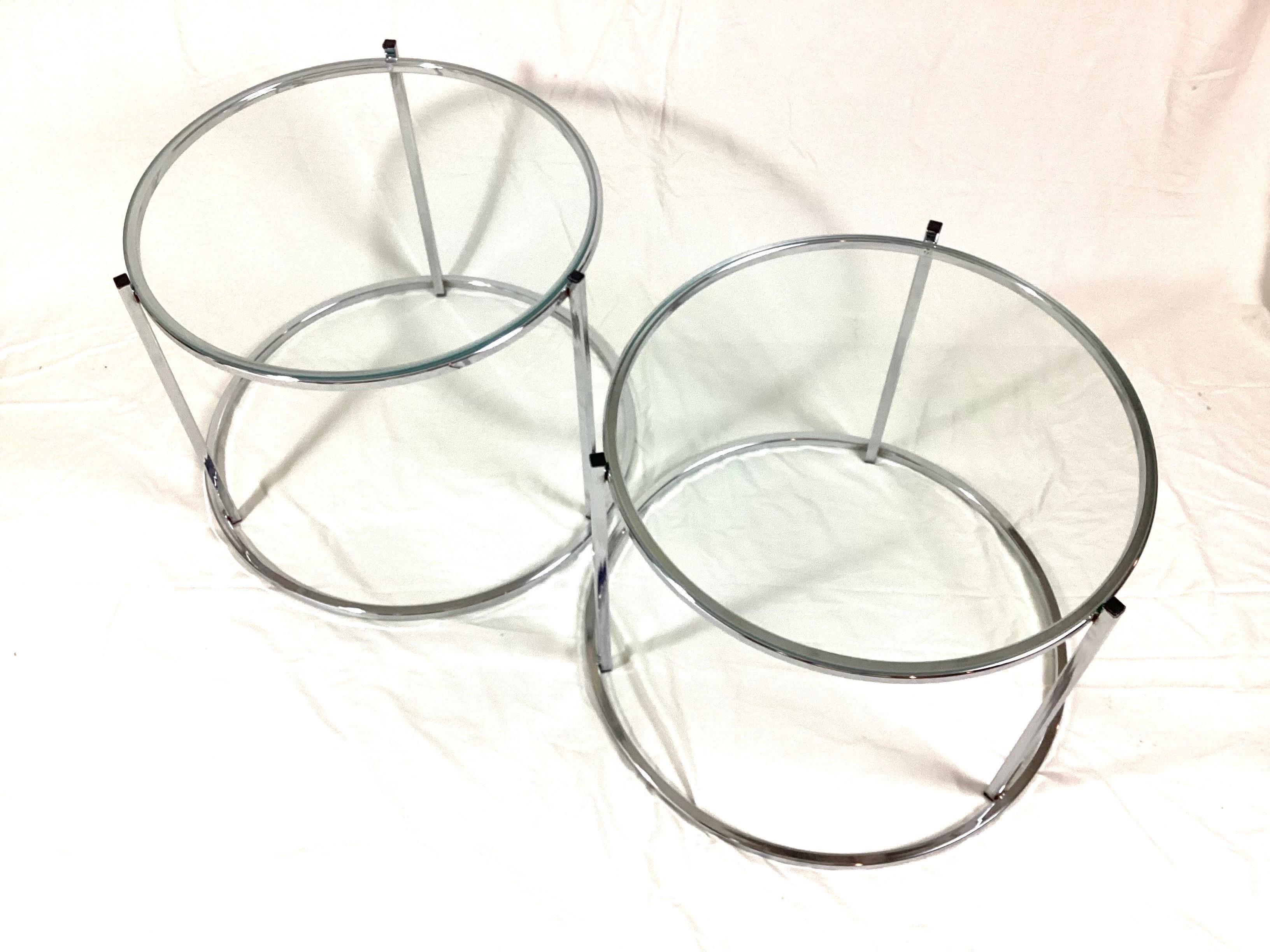 Italian Pair Round Chrome and Glass Drink Side Tables For Sale