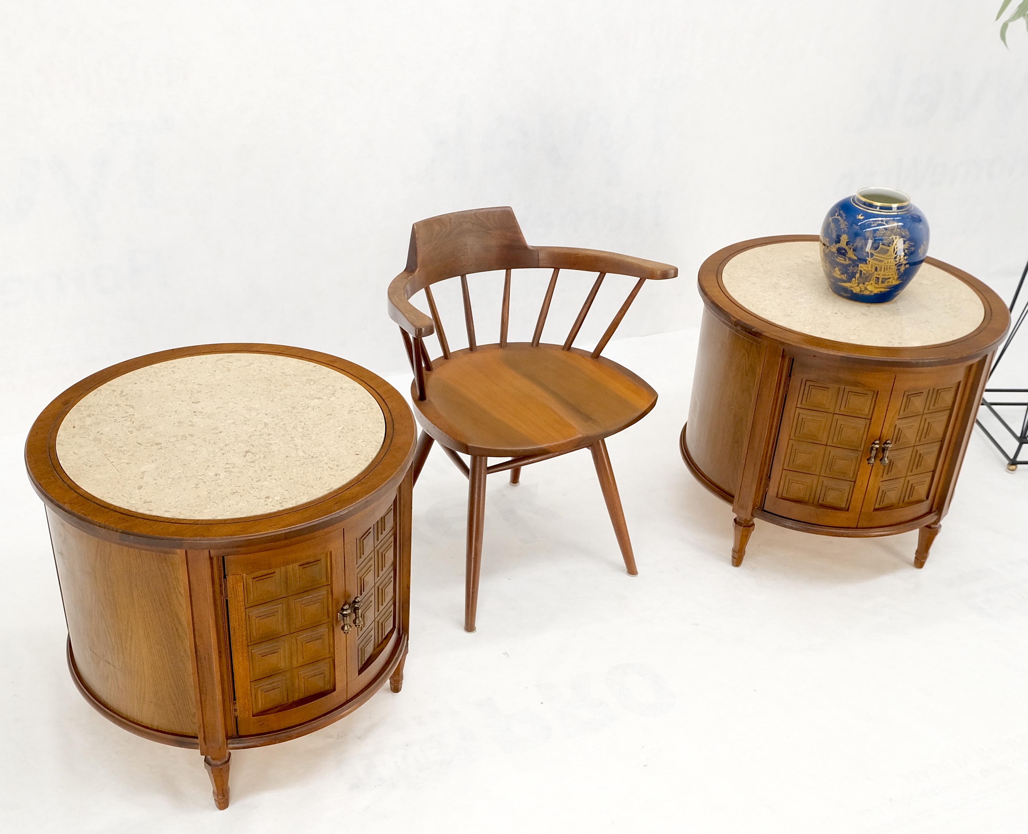 Pair Round Drum Barrel Shape Travertine Top Two Doors End Side Tables Stand Mint For Sale 4