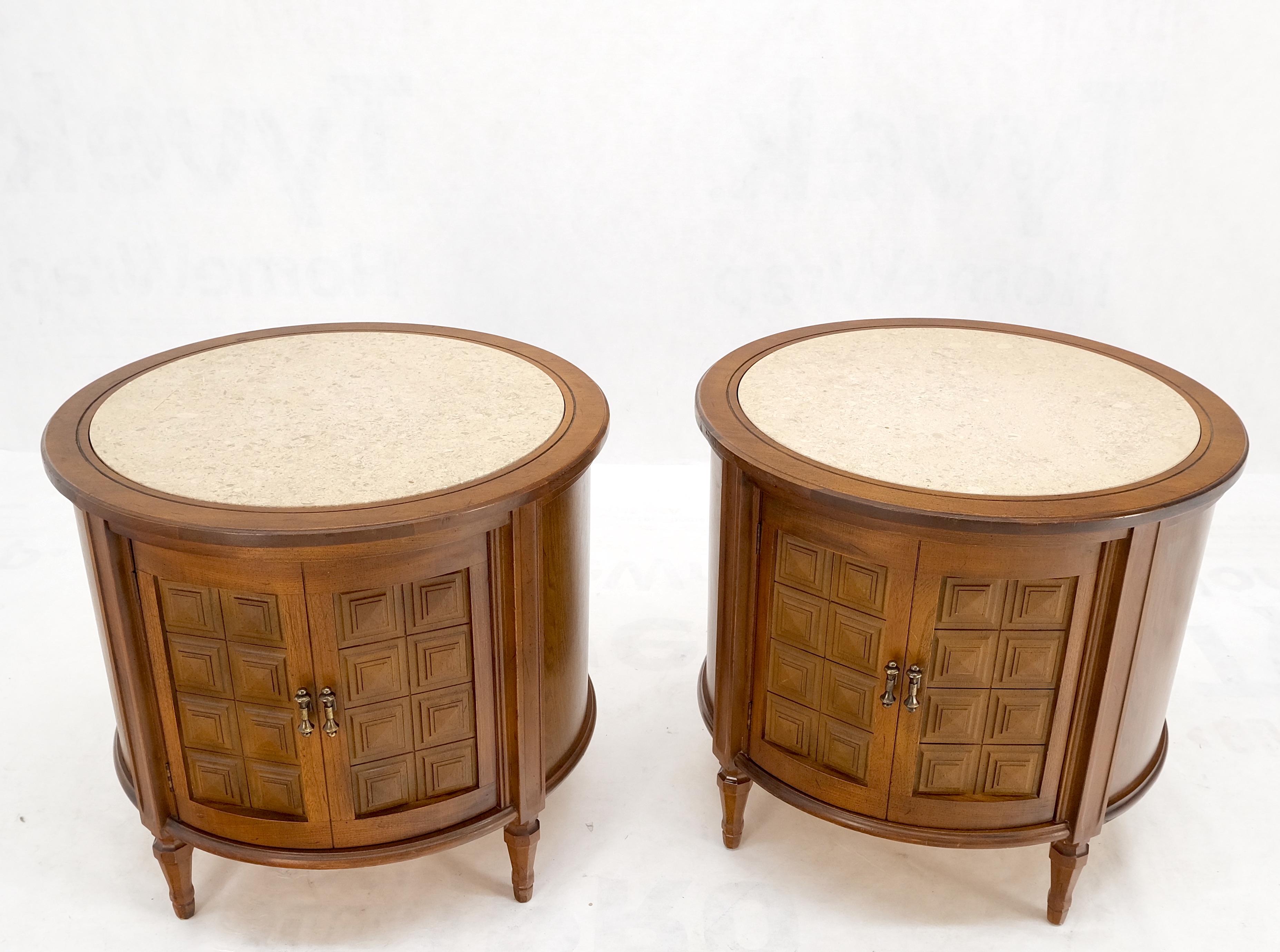 Pair Round Drum Barrel Shape Travertine Top Two Doors End Side Tables Stand Mint In Good Condition For Sale In Rockaway, NJ