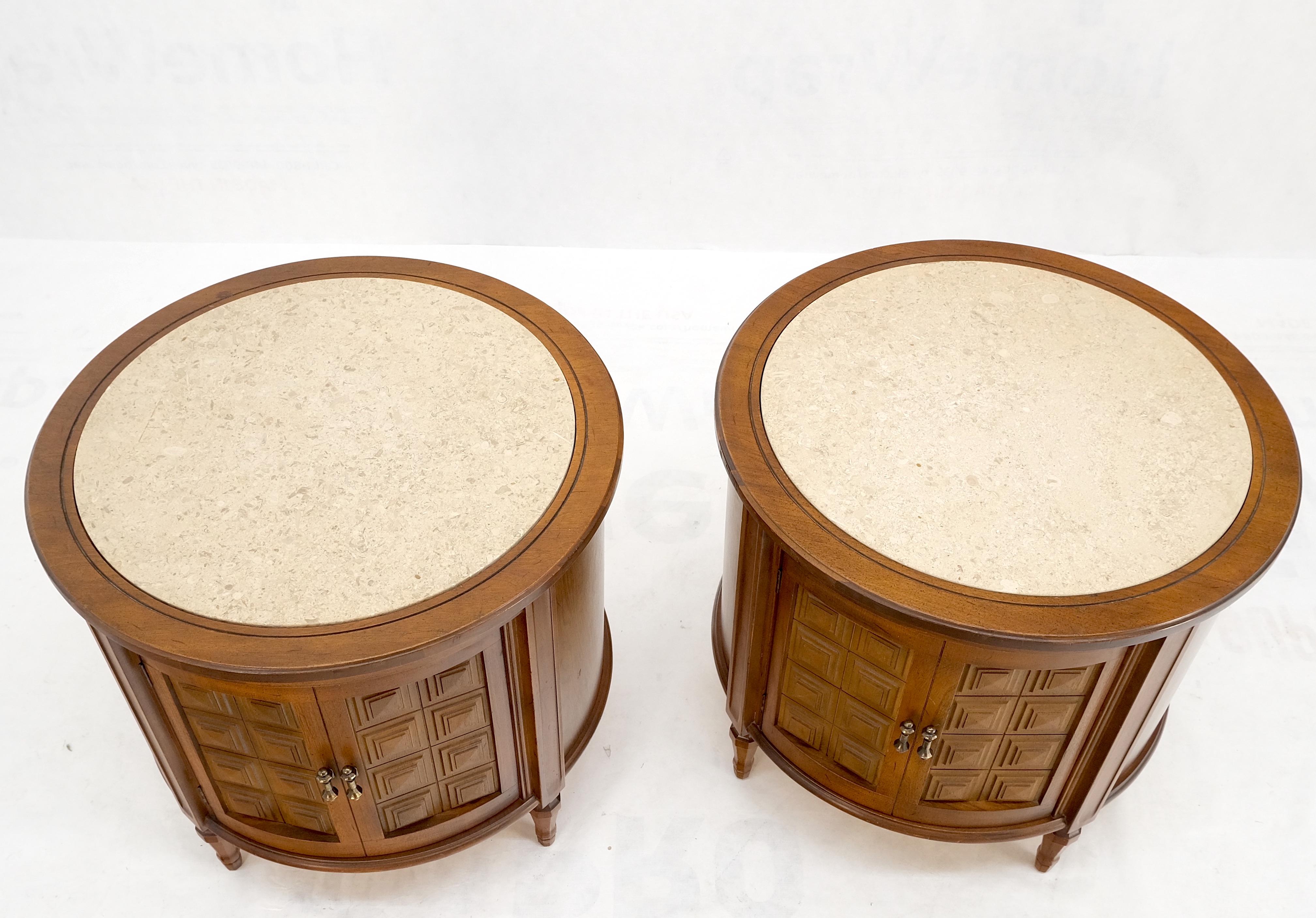 20th Century Pair Round Drum Barrel Shape Travertine Top Two Doors End Side Tables Stand Mint For Sale