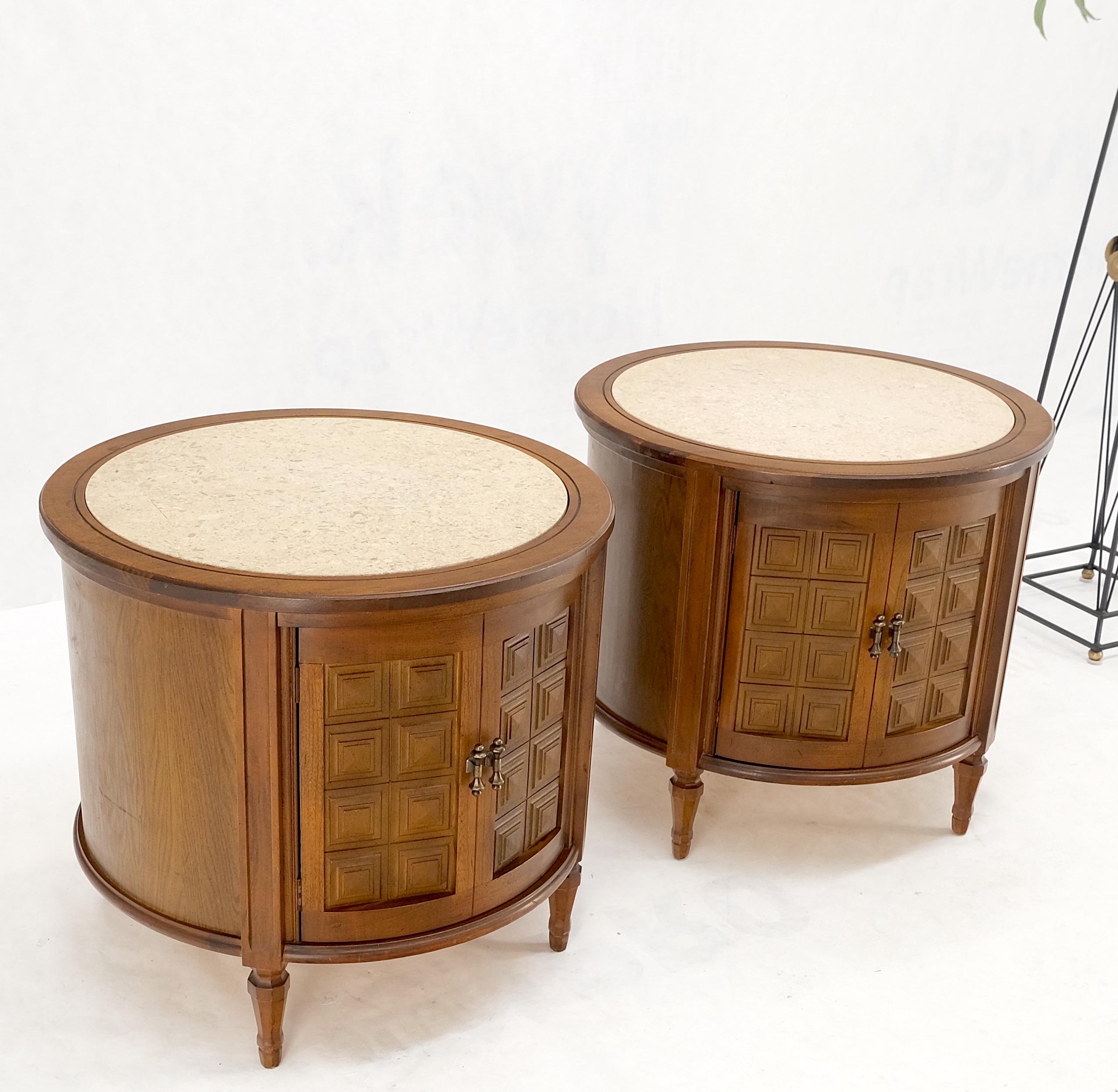 Pair Round Drum Barrel Shape Travertine Top Two Doors End Side Tables Stand Mint For Sale 1