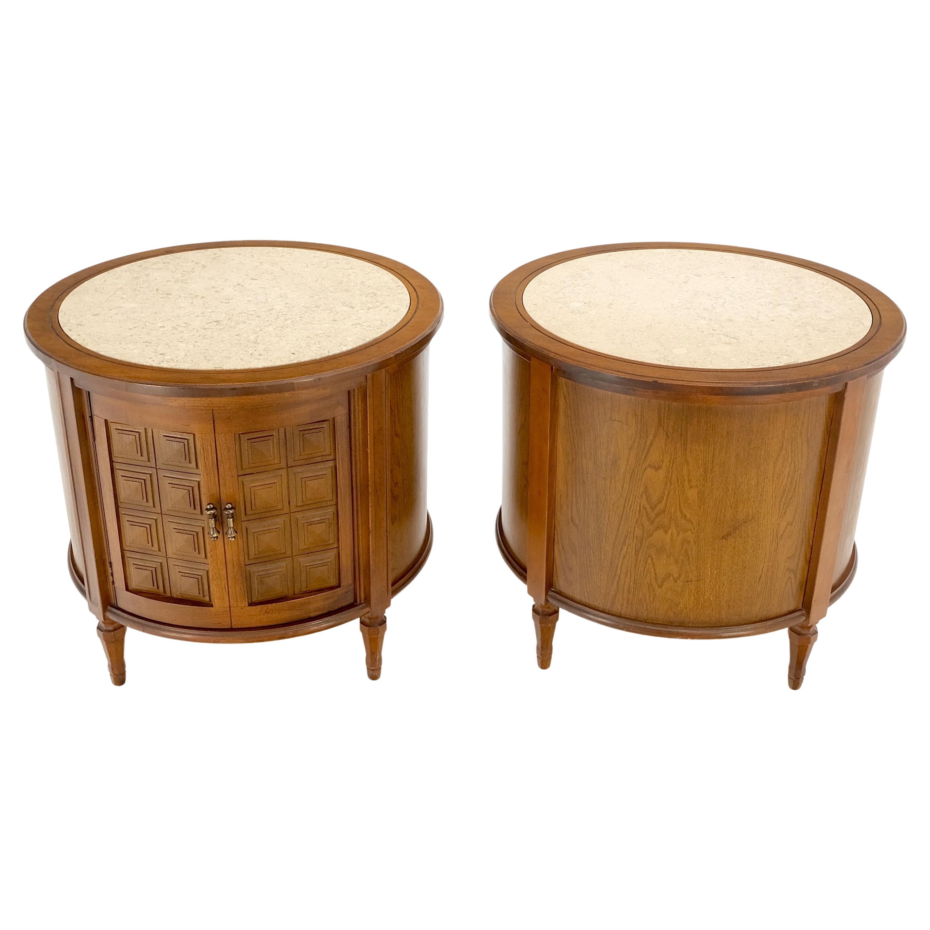 Pair Round Drum Barrel Shape Travertine Top Two Doors End Side Tables Stand Mint For Sale