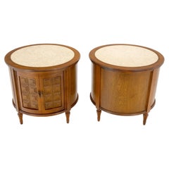 Vintage Pair Round Drum Barrel Shape Travertine Top Two Doors End Side Tables Stand Mint